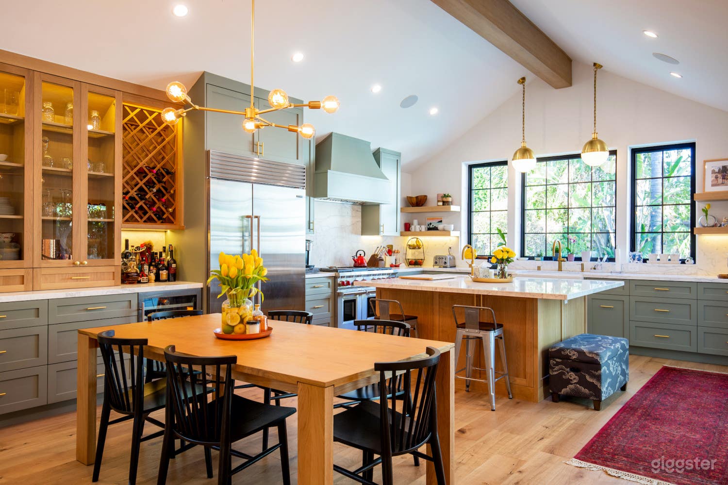 kitchen: dining table and island, west view