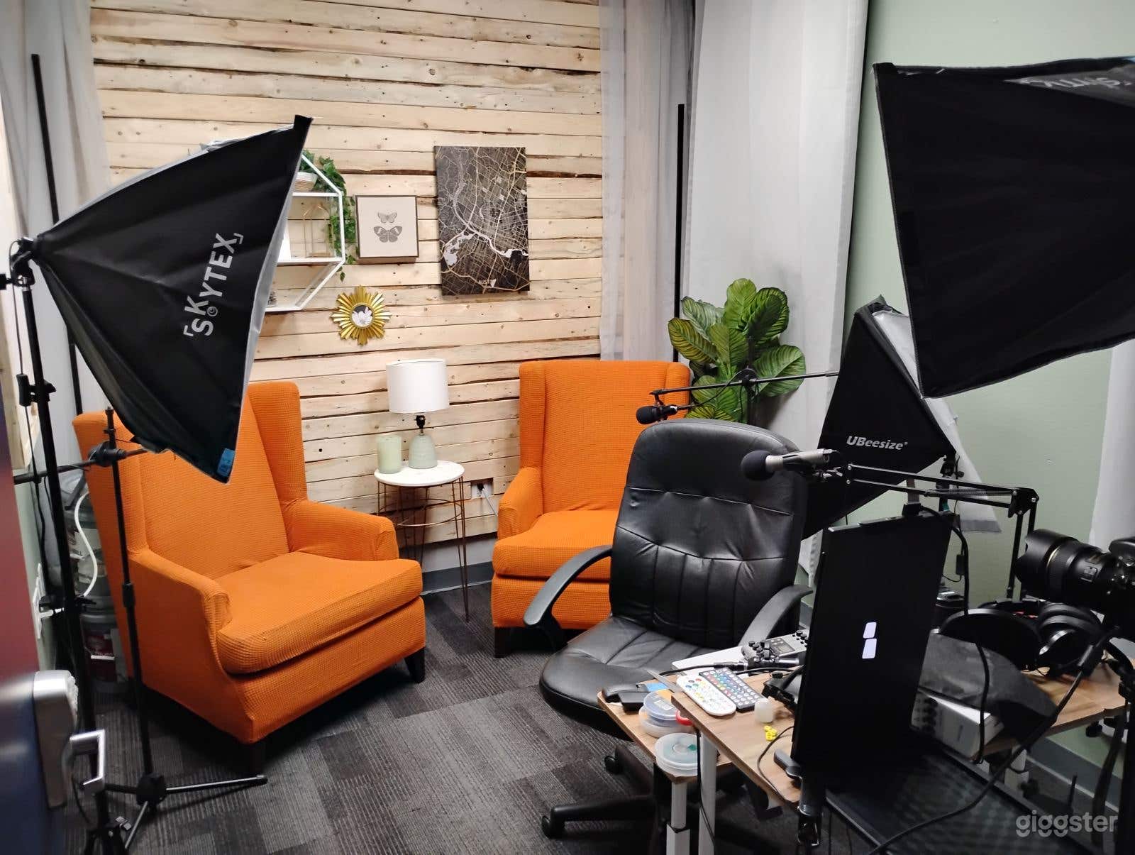Small interview room or solo podcaster room, includes lighting, mics, camera equipment, can be configured for your voice, your vision.