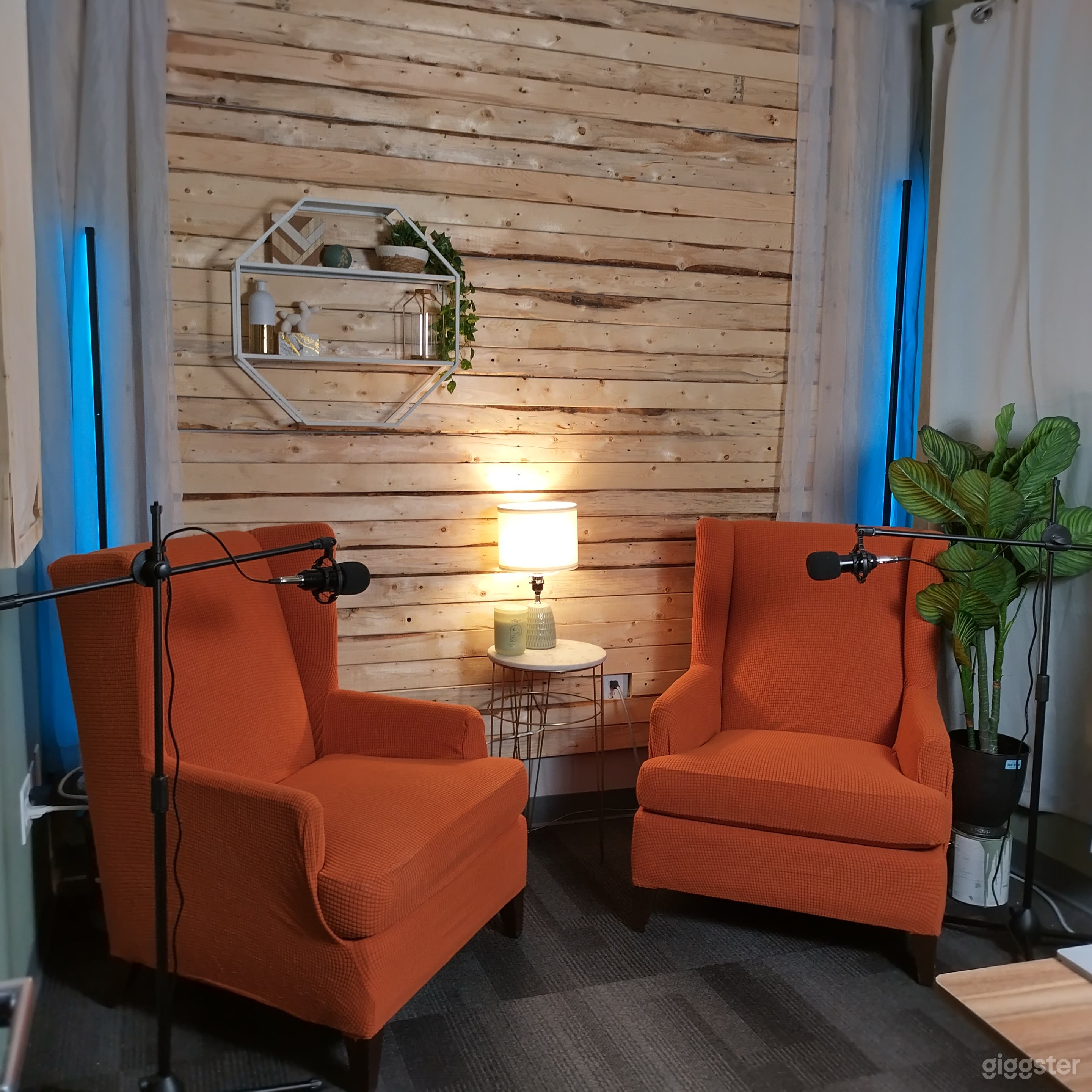 Small interview room or solo podcaster room, includes lighting, mics, camera equipment, can be configured for your voice, your vision.