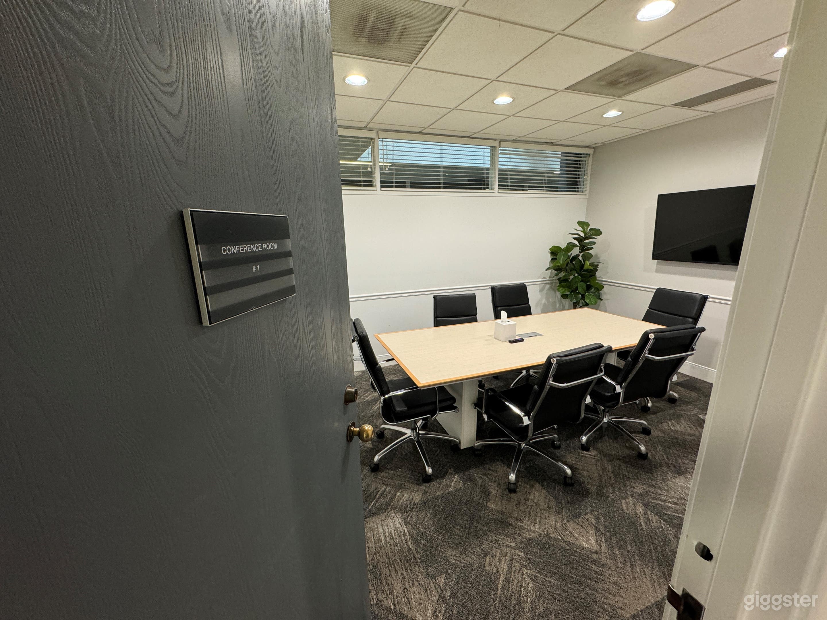 Door to 6 person meeting room with natural light