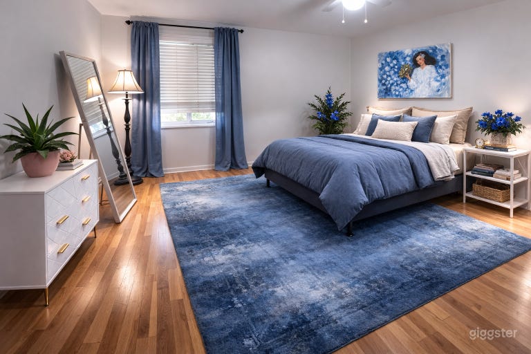  SUNWASHED BEDROOM

Light-filled airy bedroom with layered textures, soft blue tones, and a calm, editorial aesthetic — ideal for luxury lifestyle shoots, film scenes, or intimate storytelling moment 