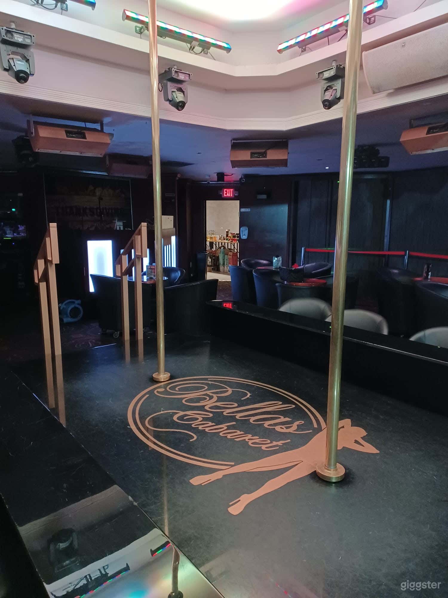 View of the stage entrance DJ Booth and Lap Dance Areas.