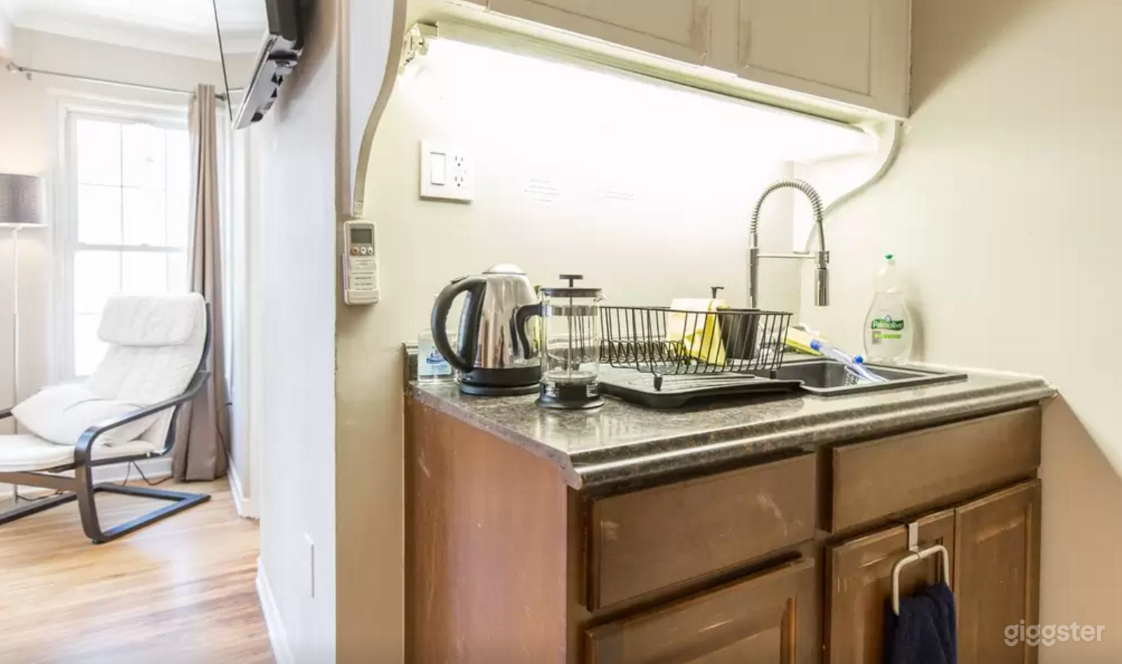 Kitchenette with Hot Water Pot, 12 Cup Coffee Maker, Studio Apt Sink.
