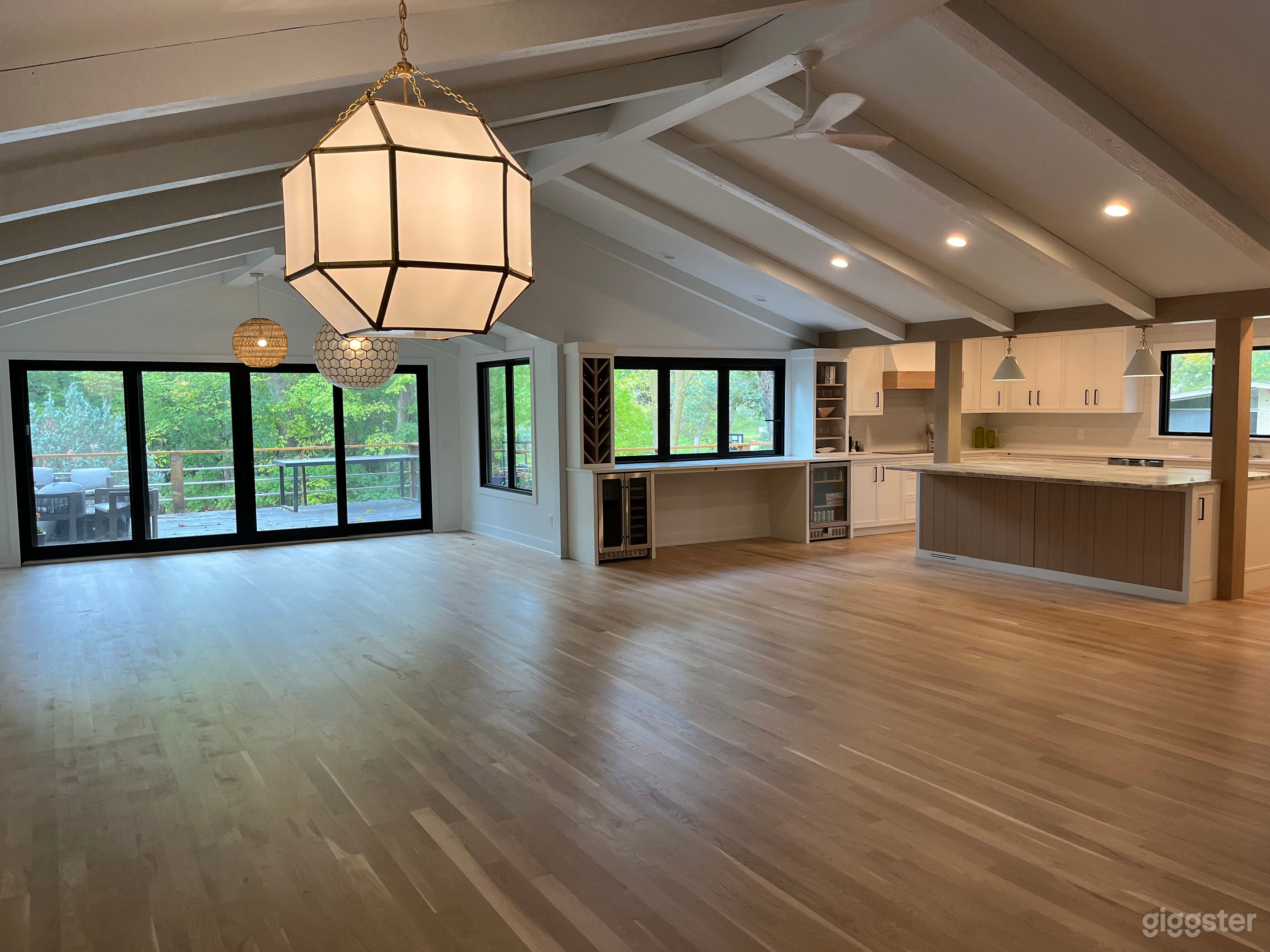 Open great room with high vaulted ceiling 