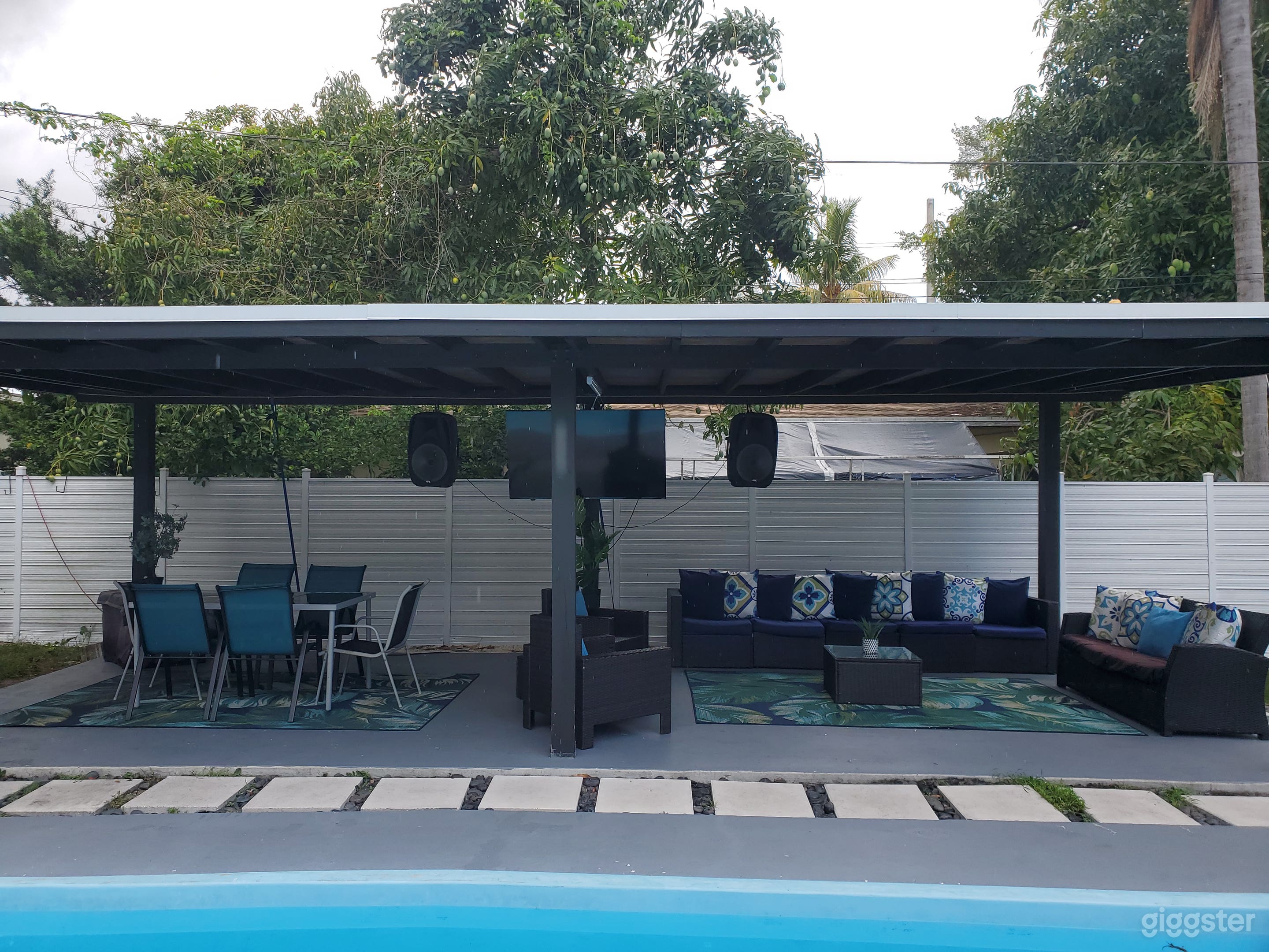 Boho style pergola with patio seating