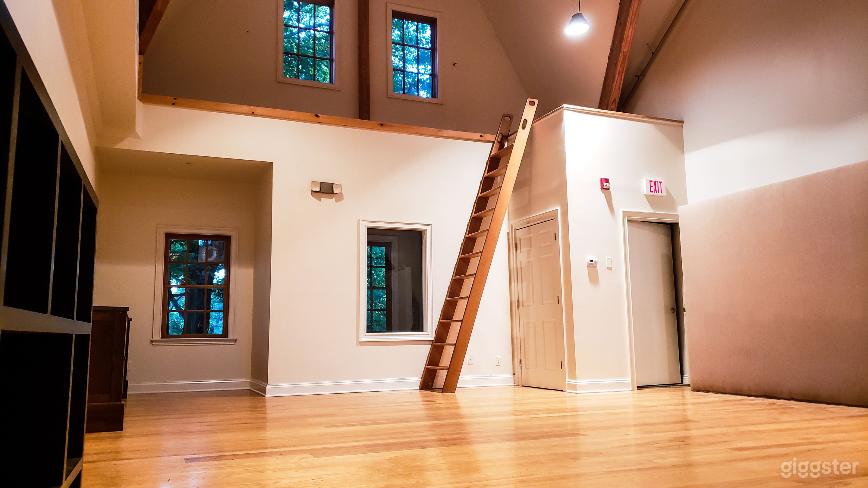 Cathedral Production Space with 35' Ceilings, Catwalk and gleaming hardwood floors