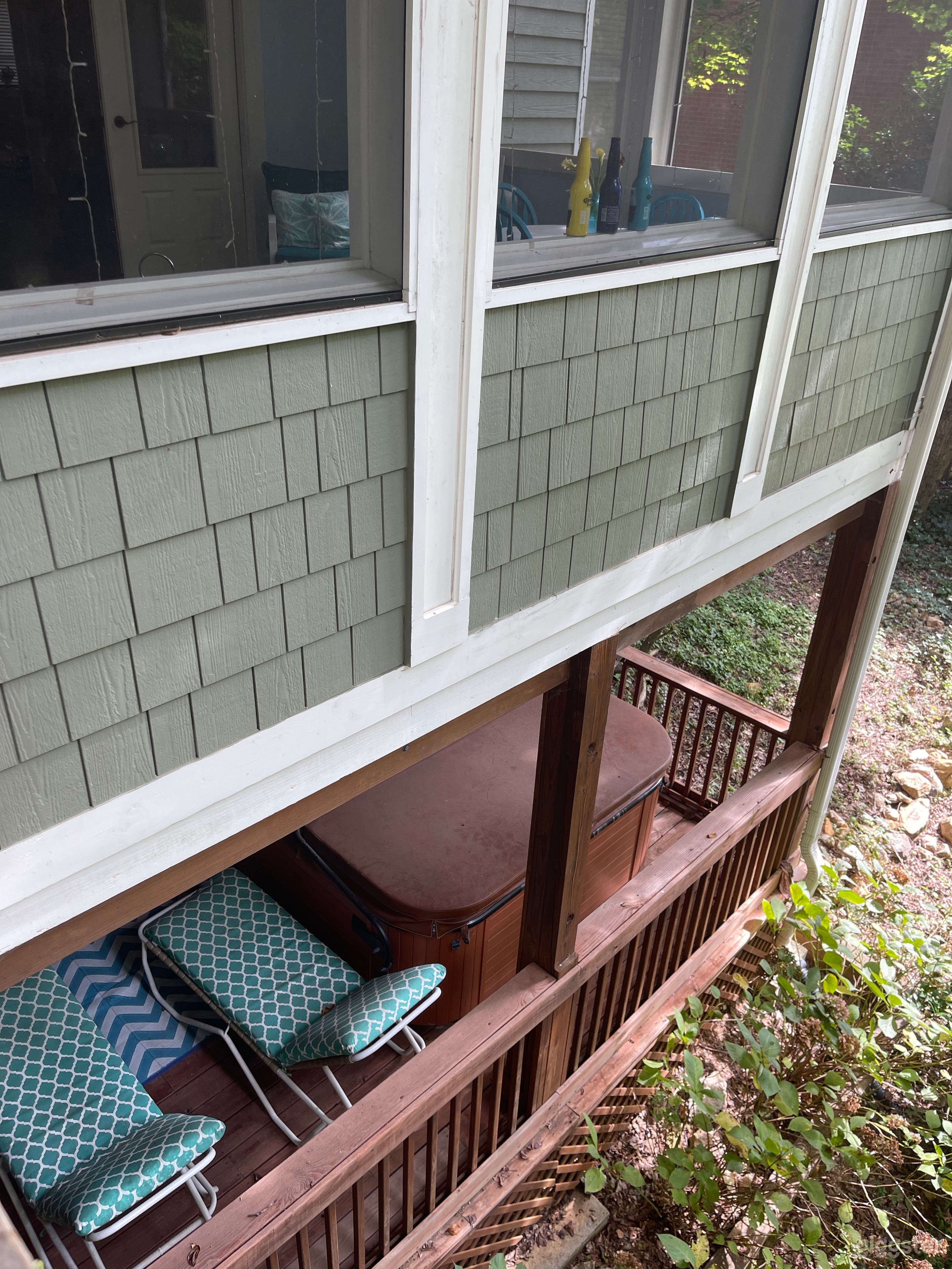 Two story deck with hot tub. 