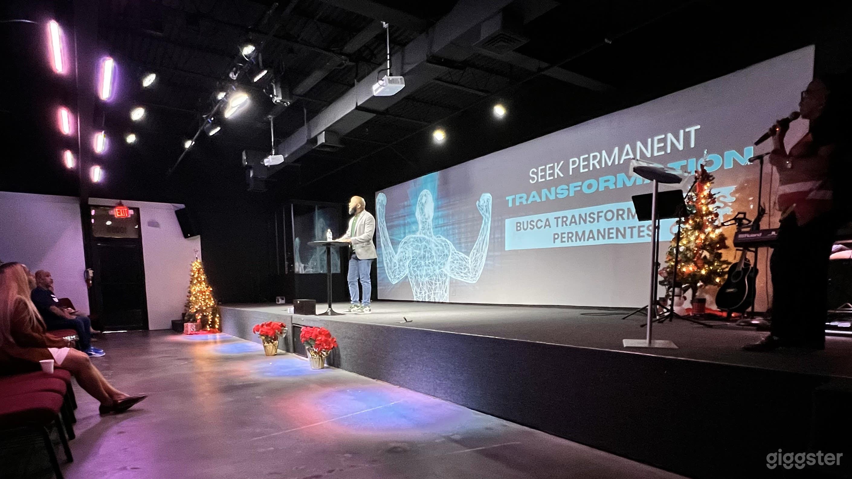 Stage with wide projector screen