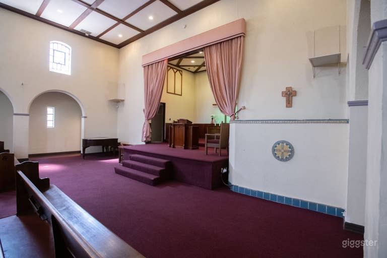  Front of church (right angle) with baptismal to the right, and piano to the left  