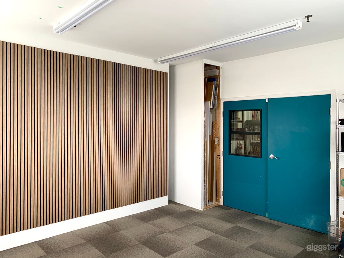 Acoustic wood panel wall, sound absorbing stud wall, cork &amp; carpet flooring