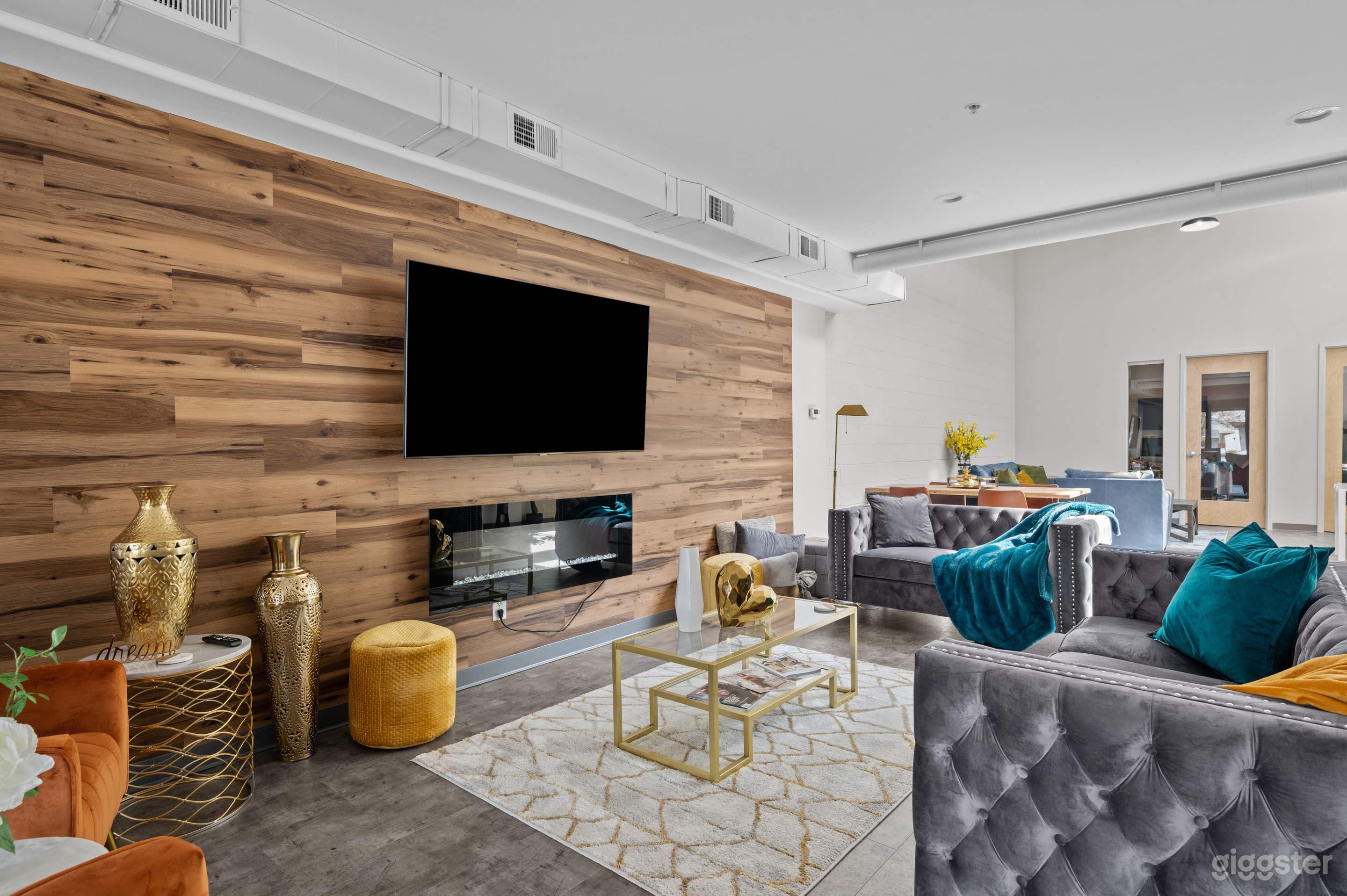 Host your presentations or entertain your guest with our 70-inch tv and multi color electric fireplace. 