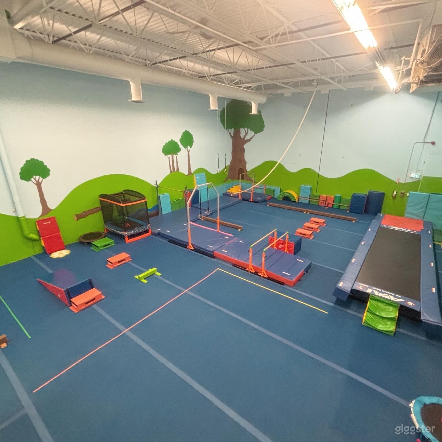 gymnastics area- most equipment is mobile/ movable! dense foam flooring throughout.