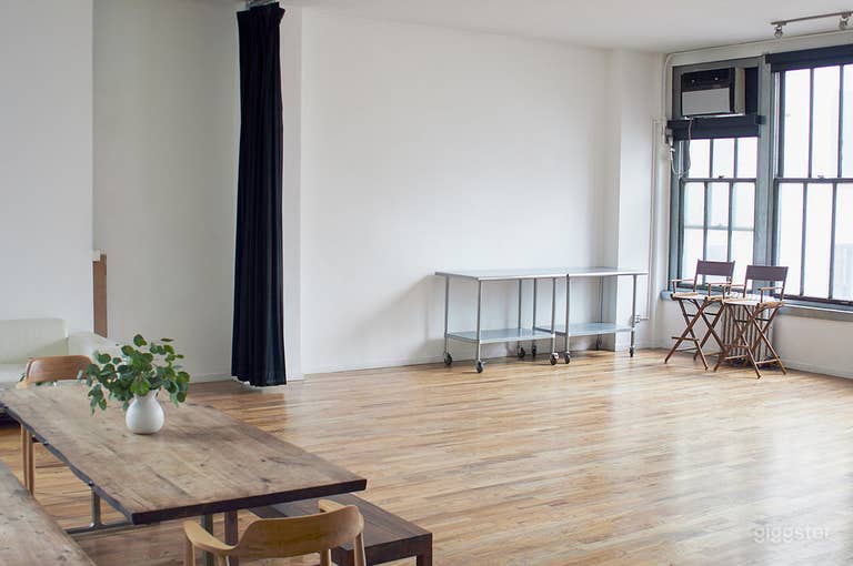  Modern White Brick Kitchen Loft w/ Living & Dining Area 