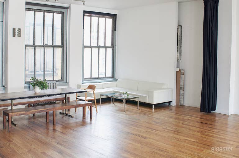  Modern White Brick Kitchen Loft w/ Living & Dining Area 