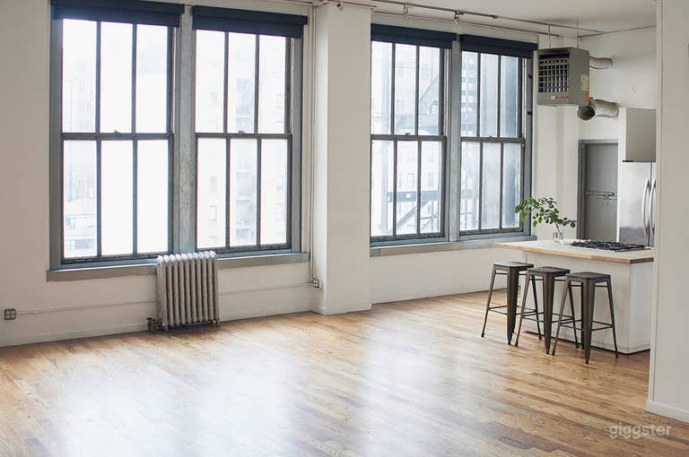  Modern White Brick Kitchen Loft w/ Living & Dining Area 