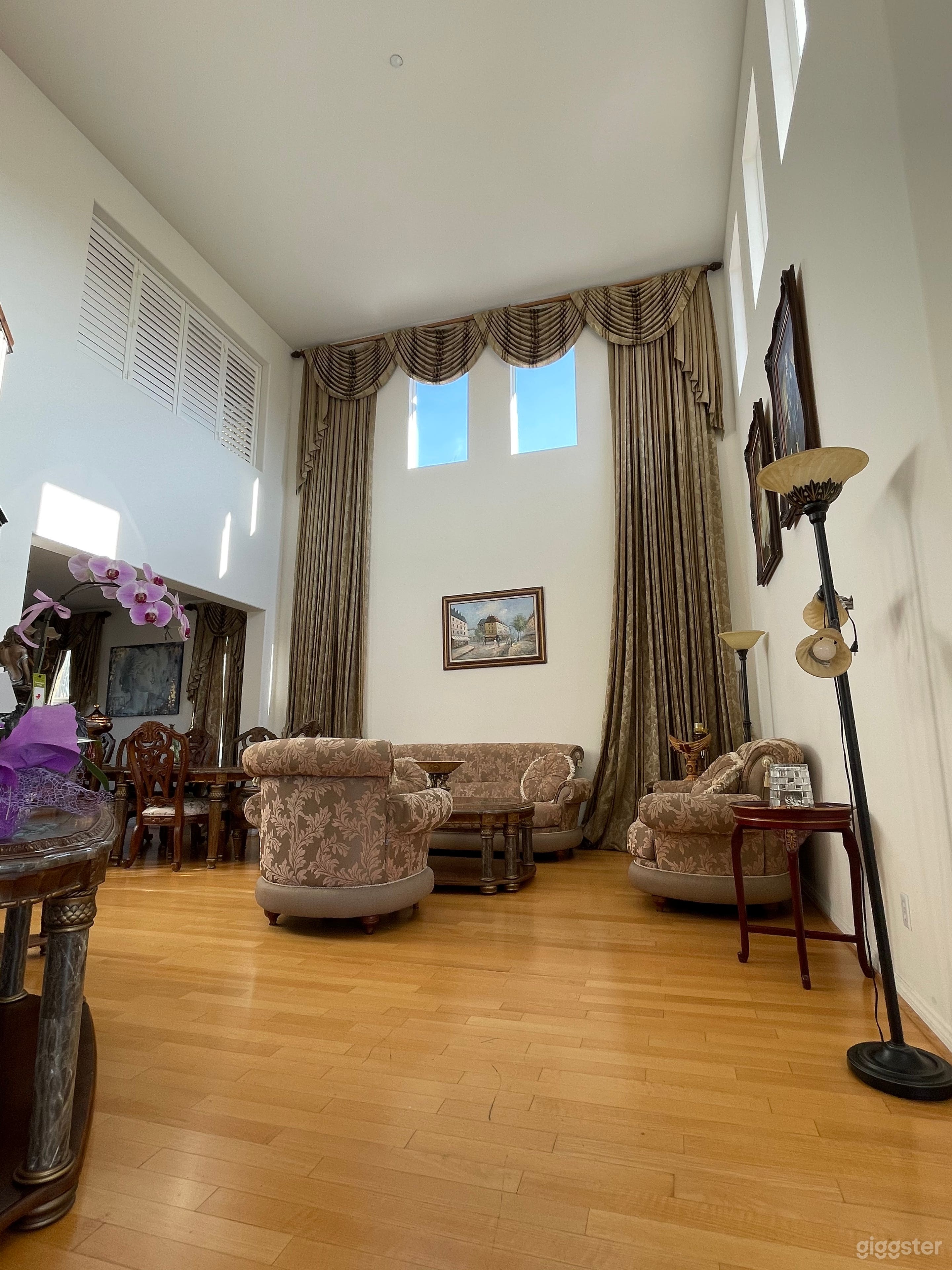 High Ceiling Draped Fine Living Room