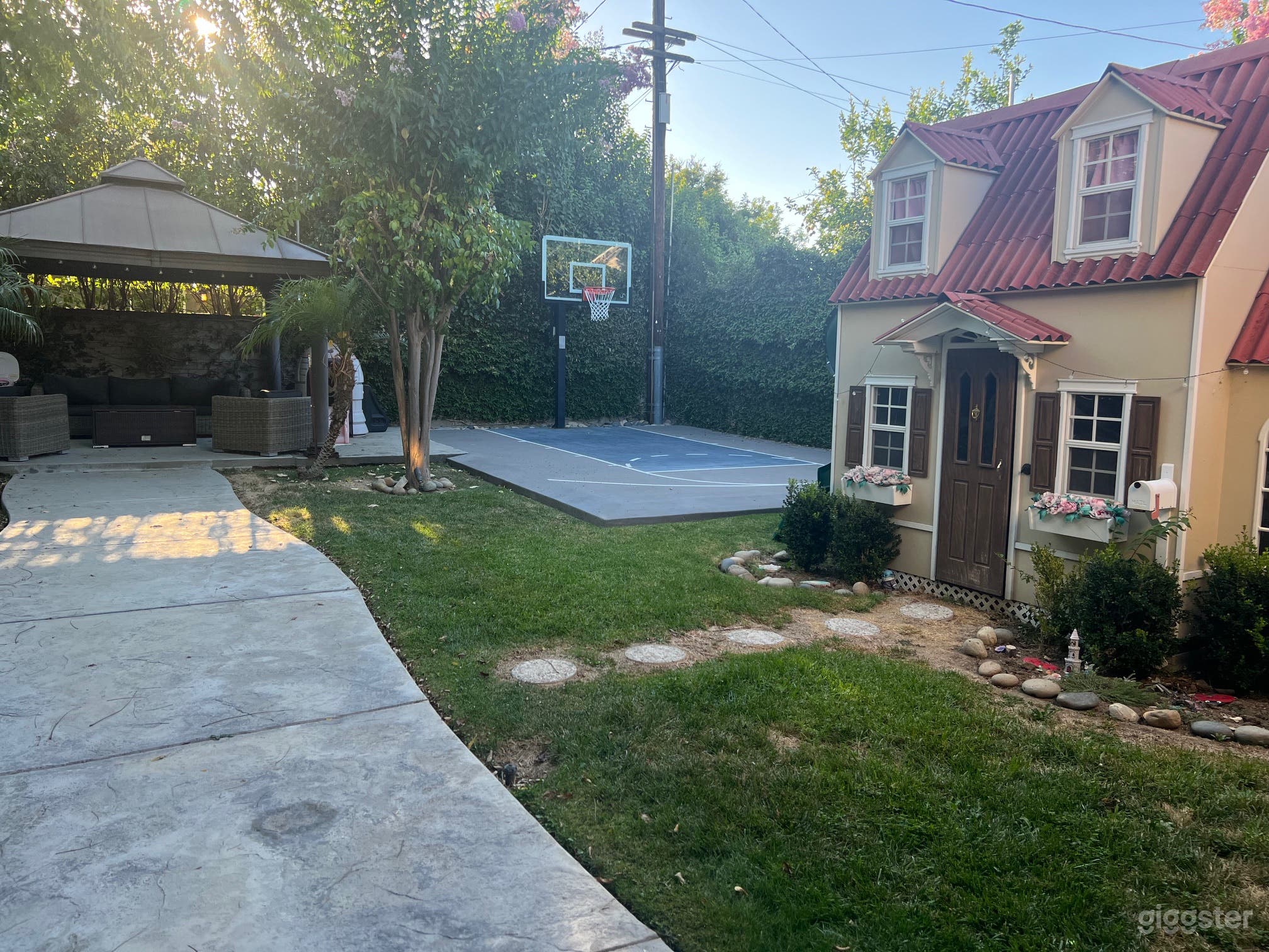 Back Yard Basketball Half Court in Lush Green Yard Photo 2