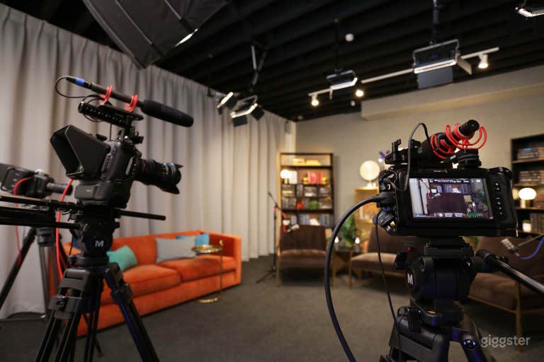  Podcast Studio with 3 Arm Chairs & Bookshelves 