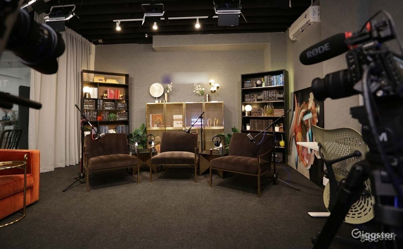 Podcast Studio with 3 Arm Chairs &amp; Bookshelves Photo 3
