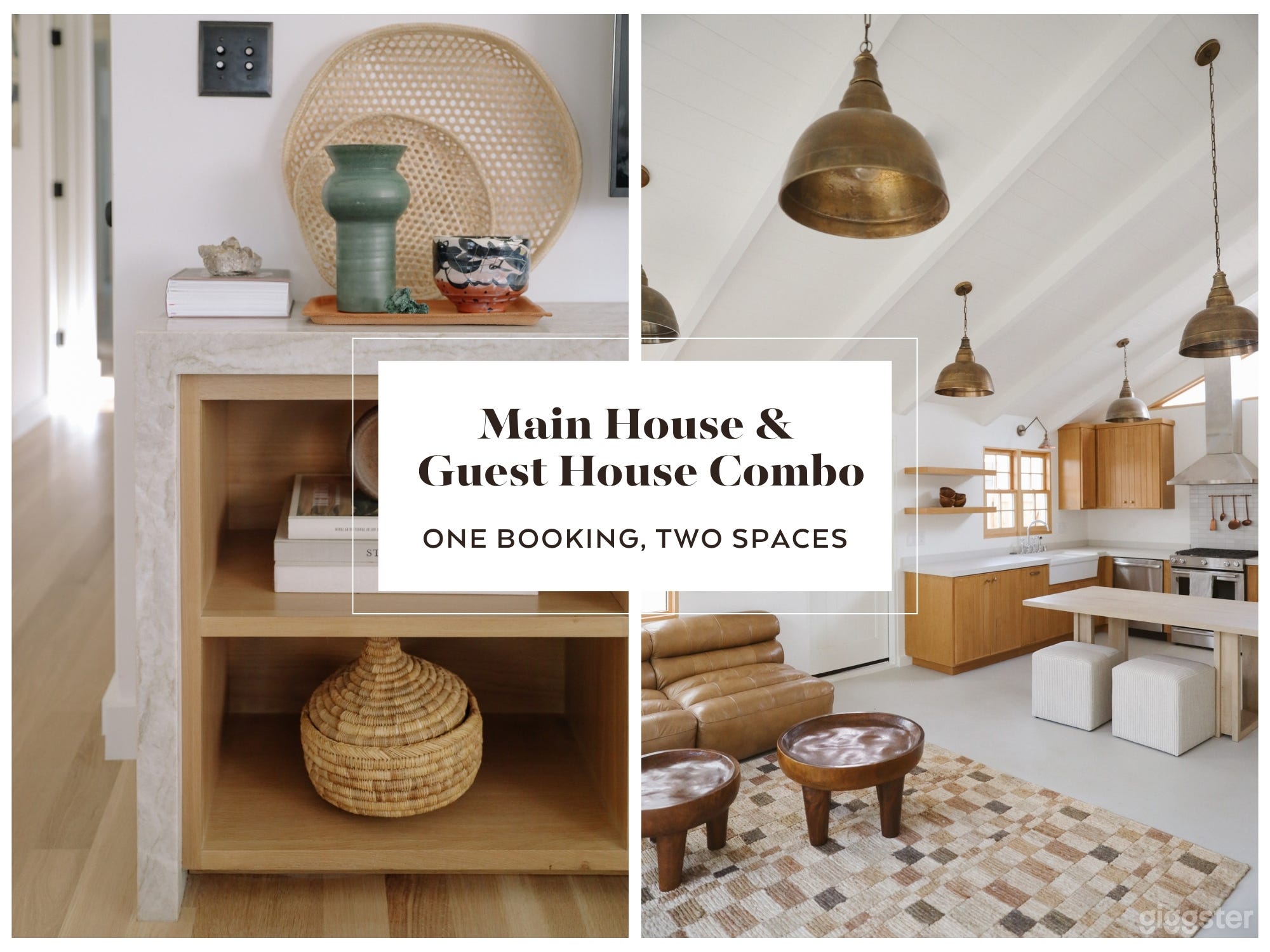 1,600 sq ft main house
800 sq ft guest house w/ kitchen, loft, full bedroom and bath.