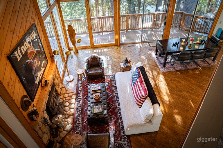  Look from the catwalk upstairs onto the living room and fireplace 