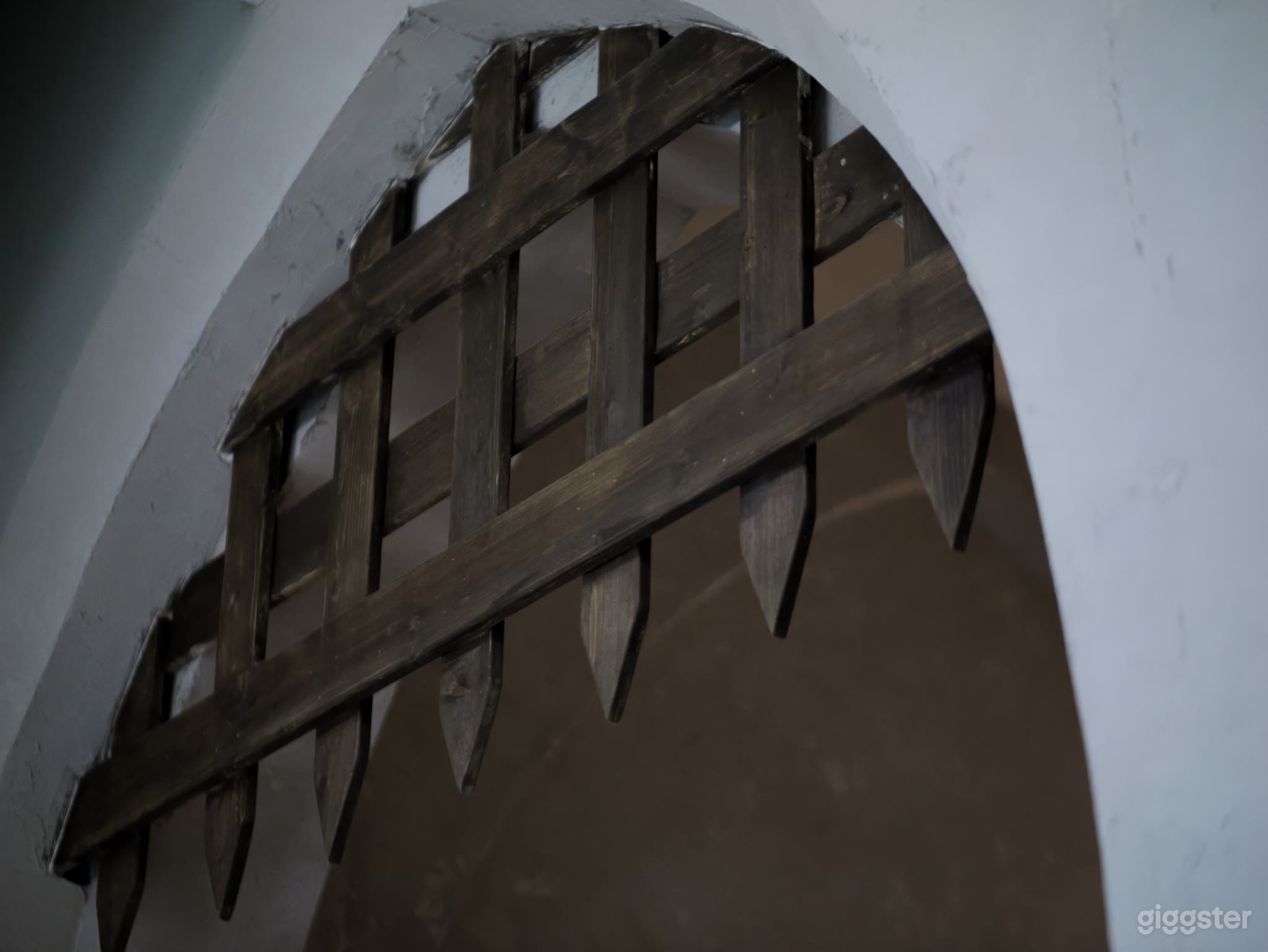 Authentic portcullis/castle gate adds medieval charm to studio room