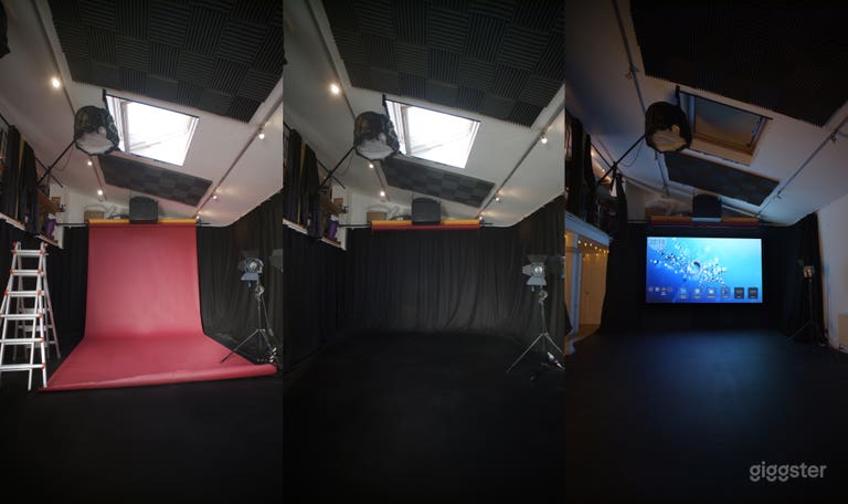  You can either use the curtains, Colorama or 136 inch projected screen 