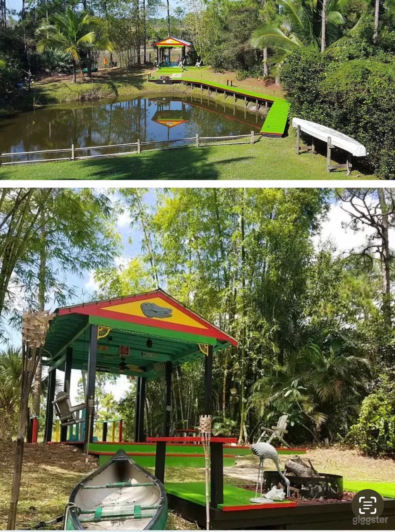 Pond with boardwalk and covered area. Perfect for any outdoor event