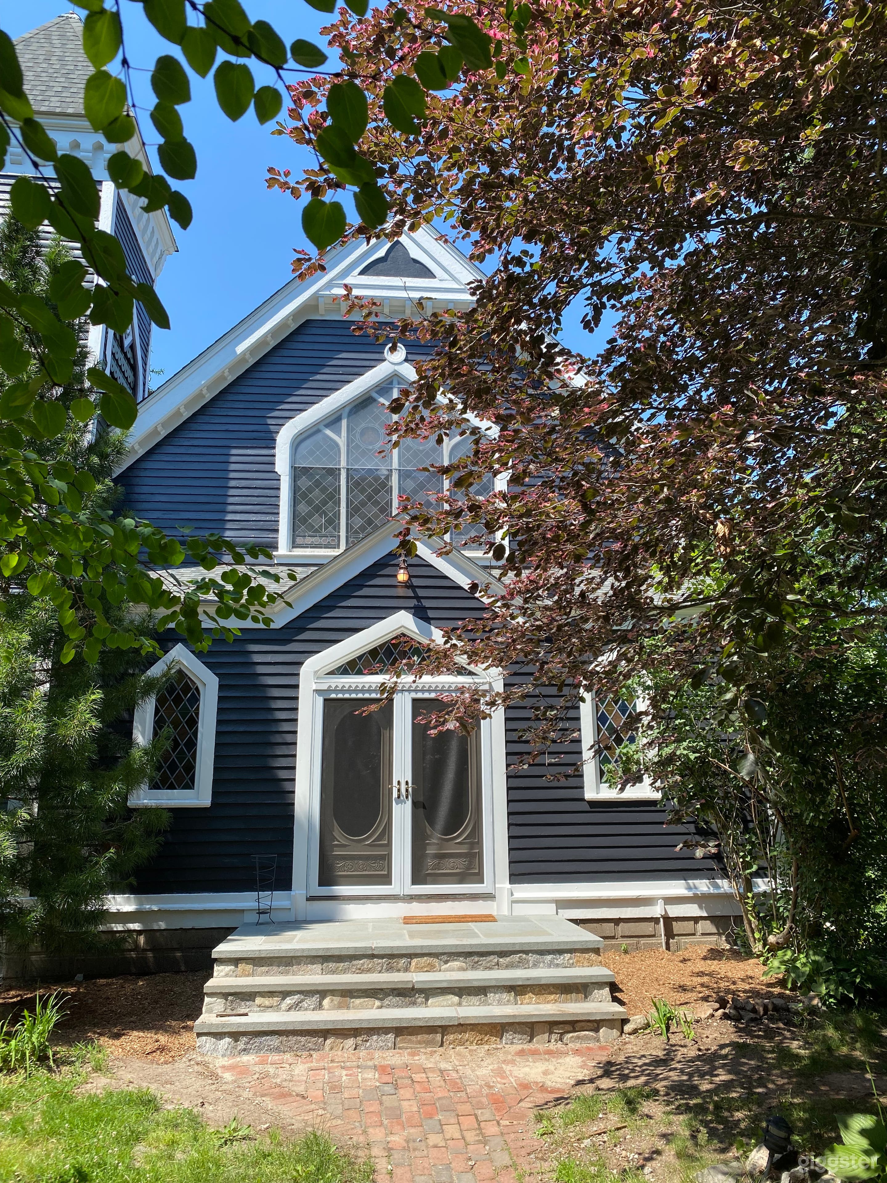 Front of the old St. Peter's Church which is now a modern residence on the inside.