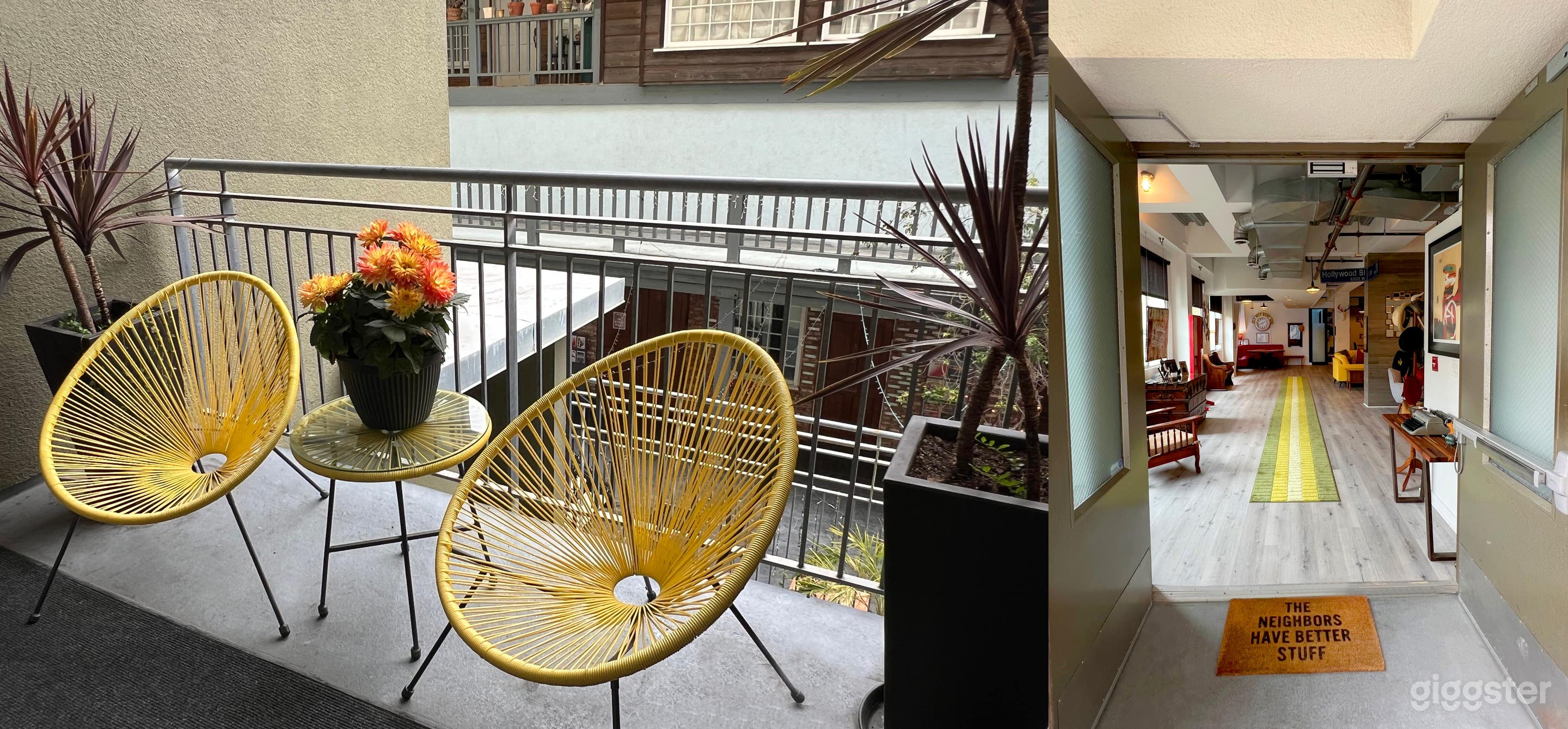 Outside patio with grand entrance.