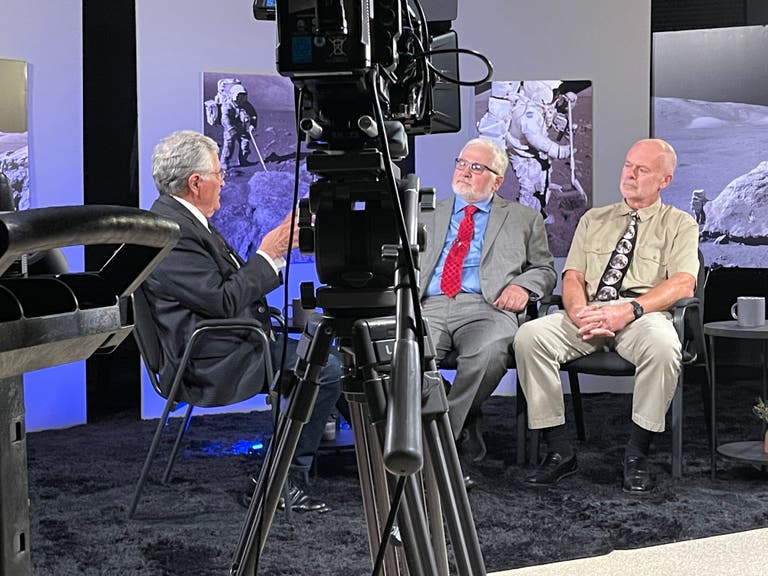  Recording astronaut, Dr. Harrison Schmitt and two lunar scientists 