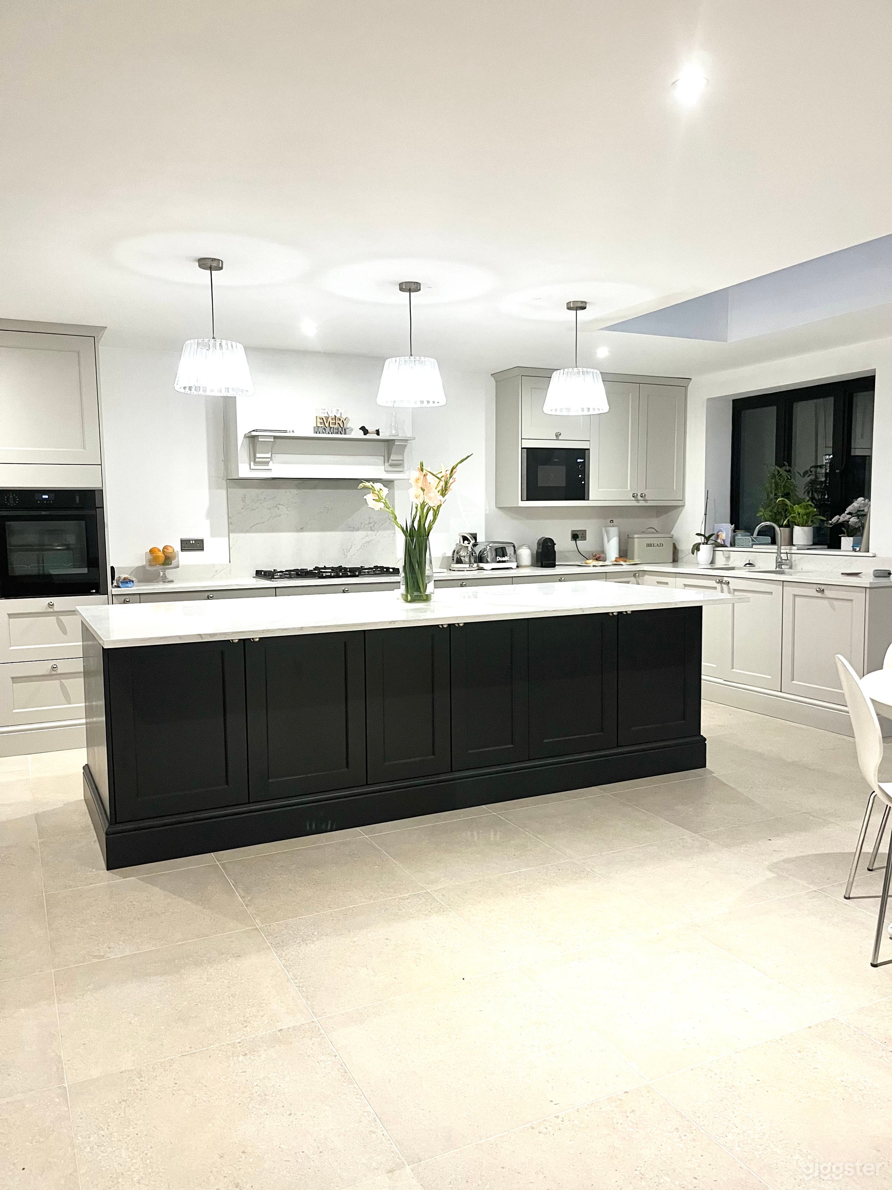 Light and spacious kitchen with large island.