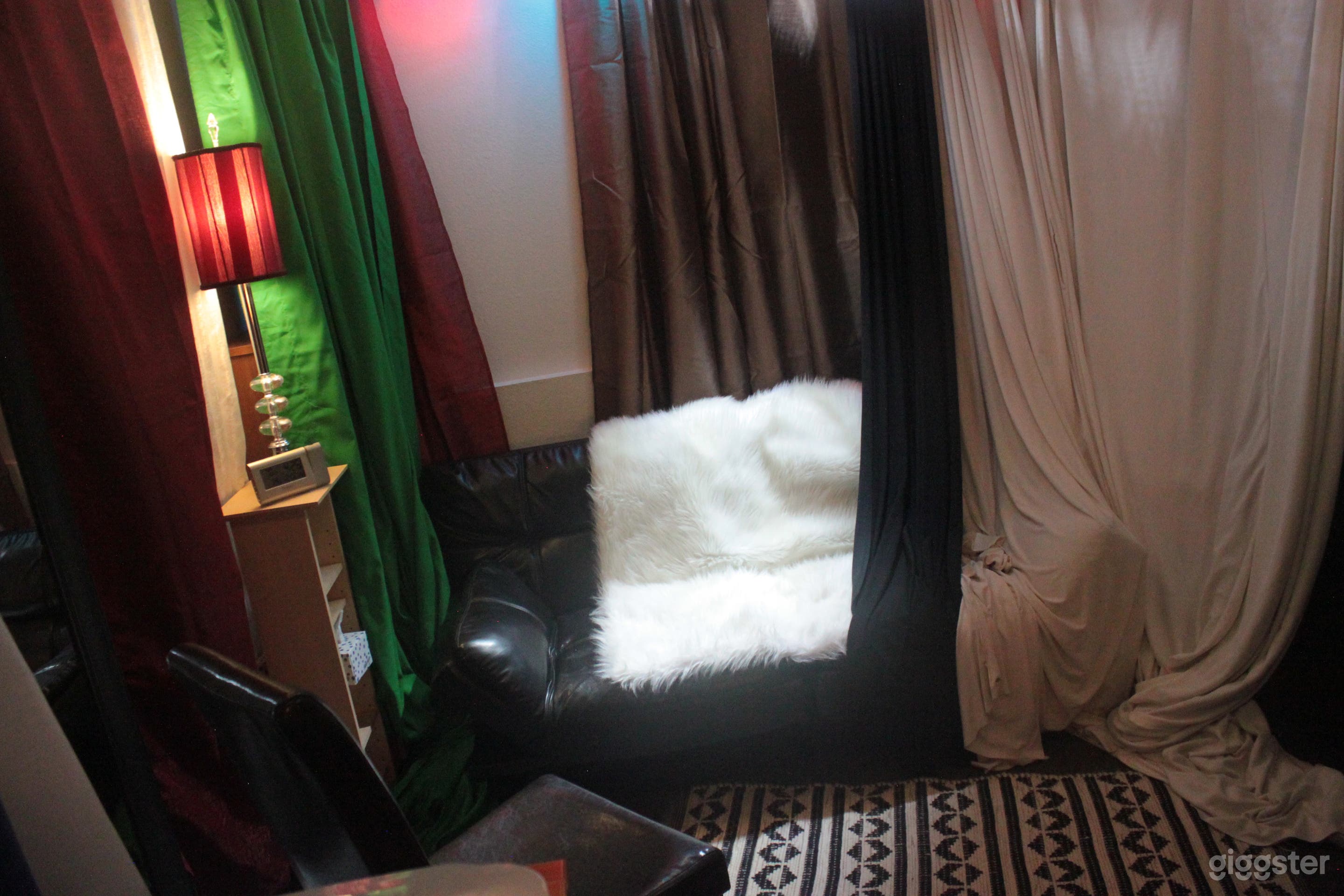 Moveable on set furniture, with various curtain, and wrap cyc options.