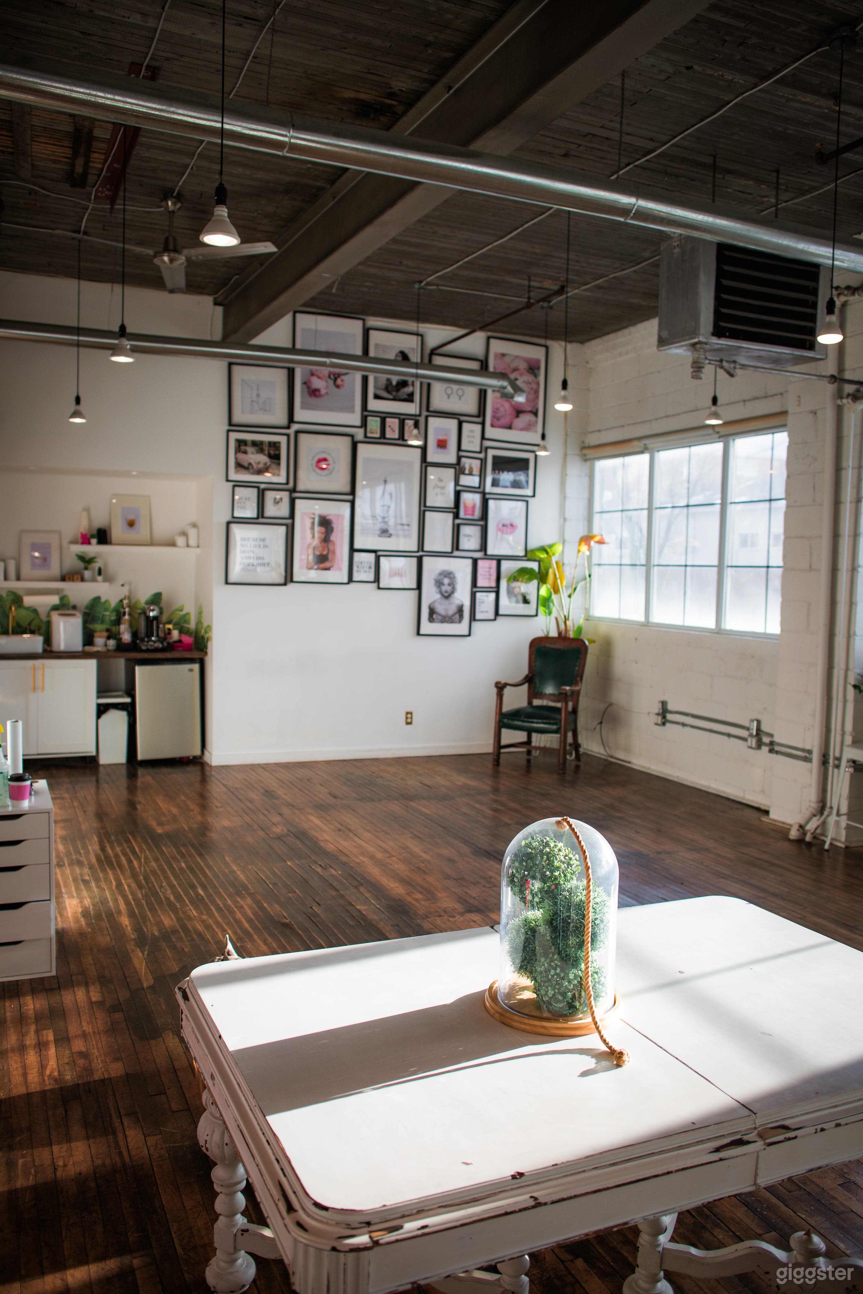 Natural light loft, exposed brick, industrial look, sunlight photography studio, golden hour 