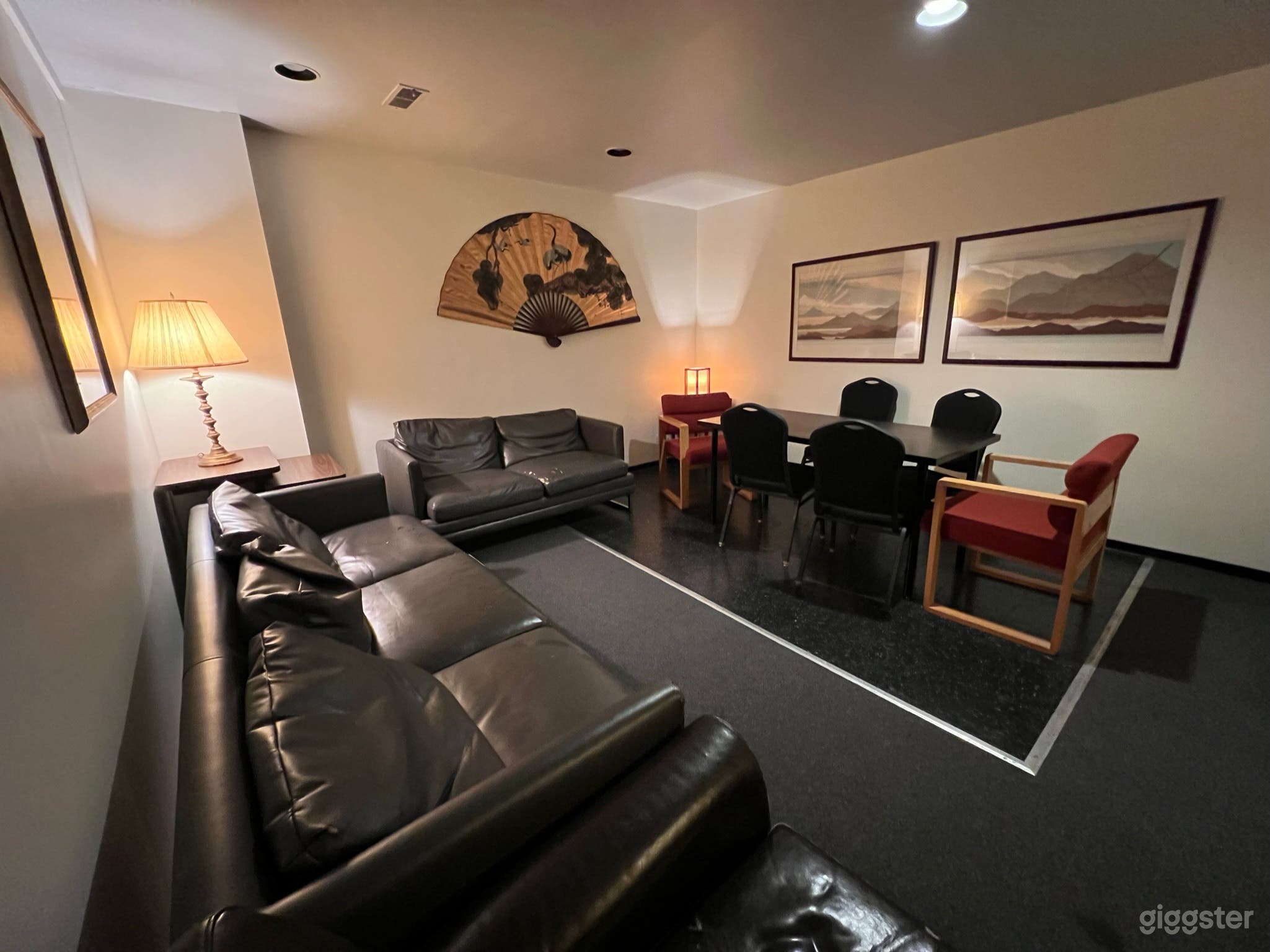 Lounge seating and table.