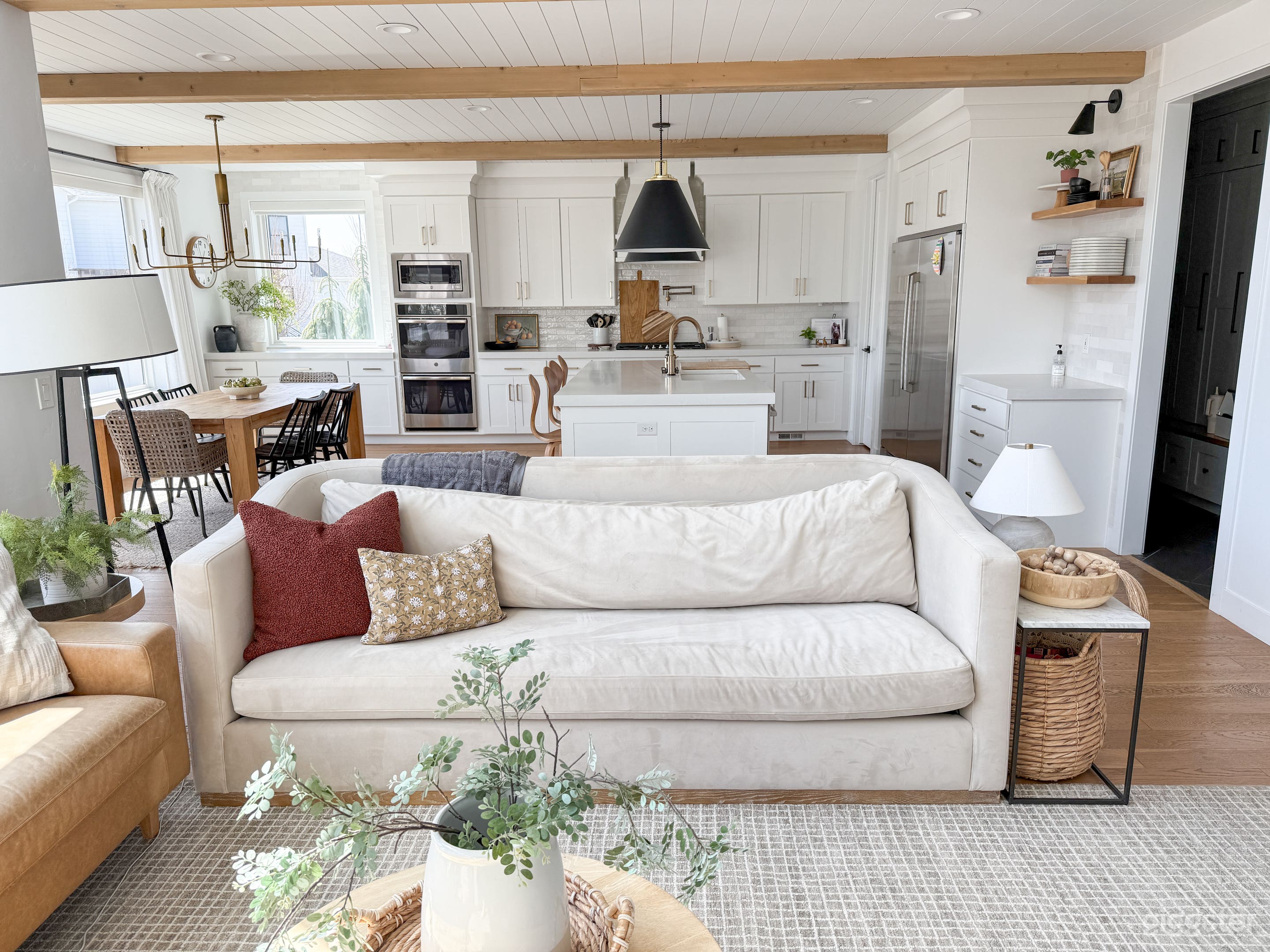 View of kitchen from the fireplace/family room
