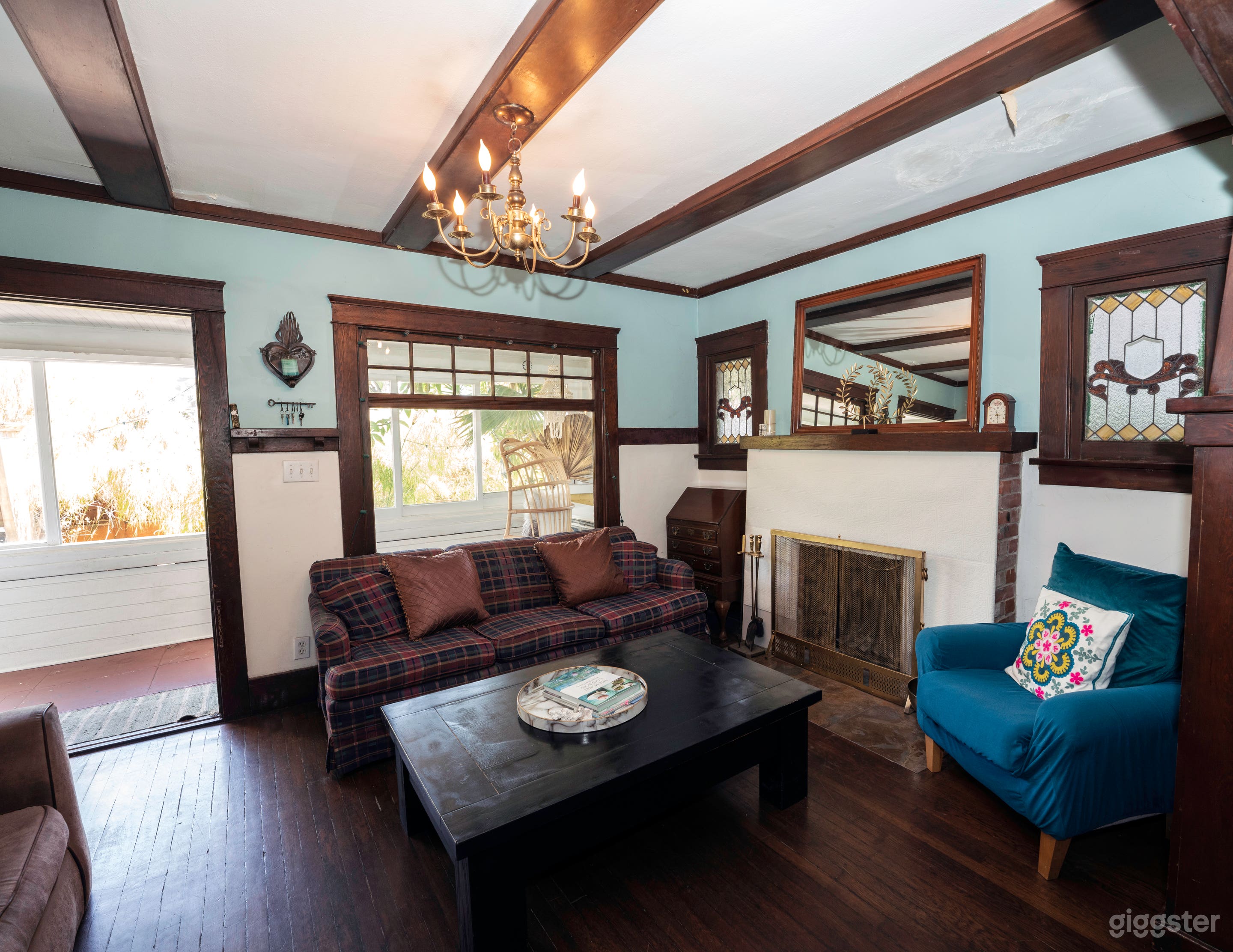 Living room with wood burning fireplace