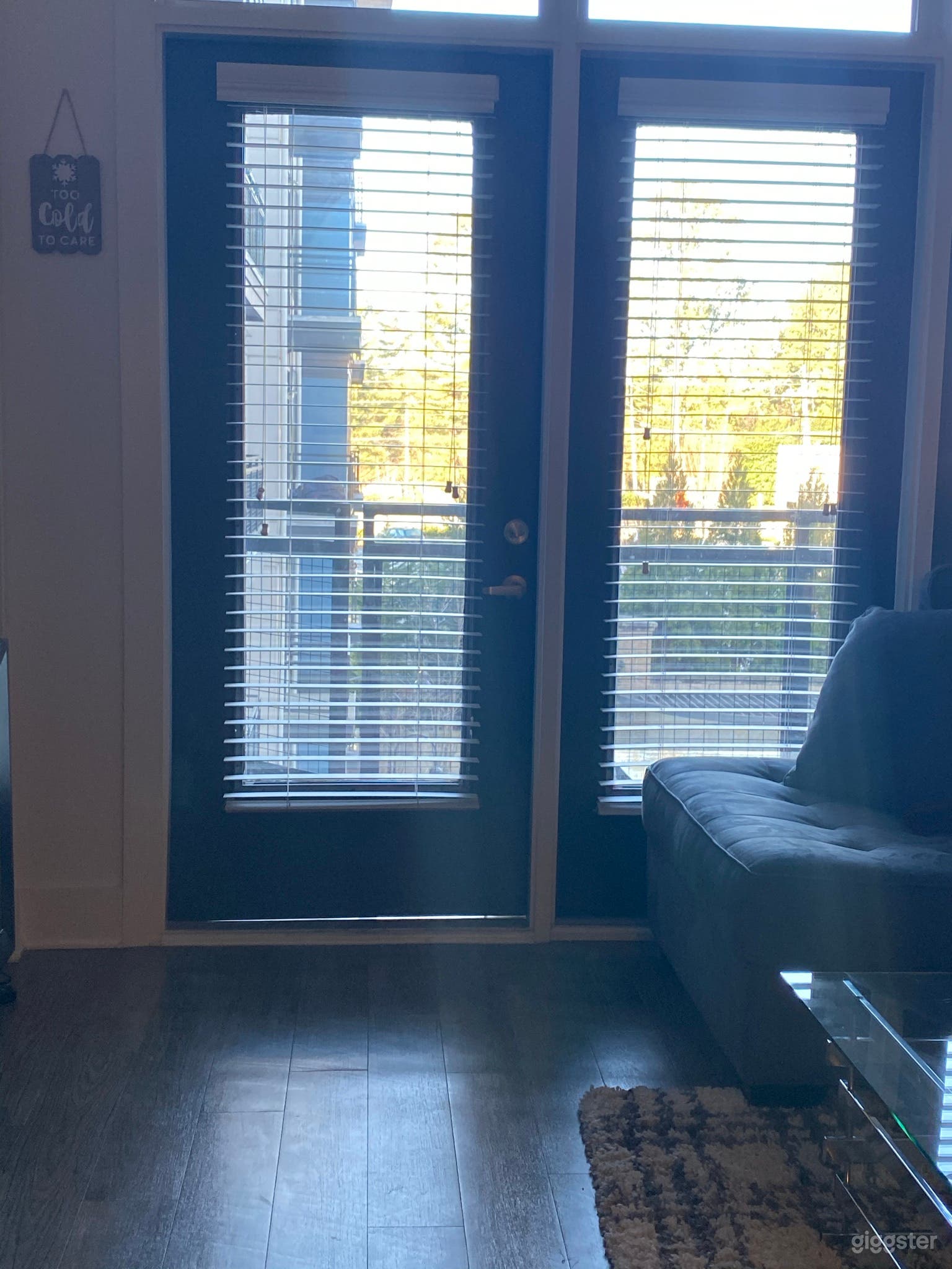 Floor to ceiling windows with access door to patio.