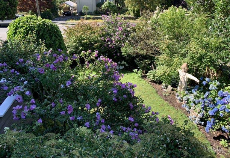  Vista dal portico anteriore del giardino frontale in estate. Esposizione a sud 