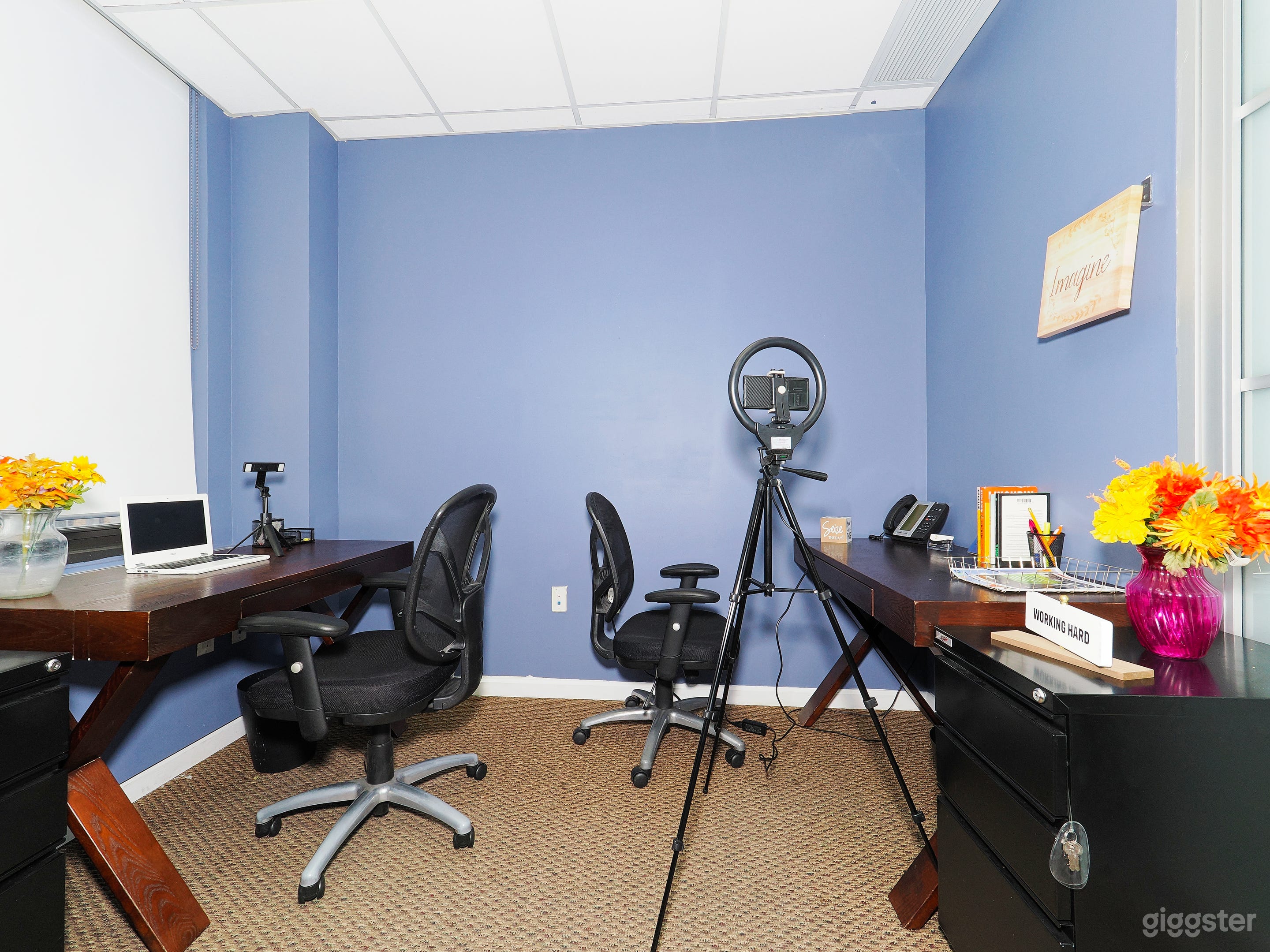 2 Desks across from each other with Small File Cabinets in a 500 square foot office.  Let us know what else you need in the office and we can include it for a small fee.