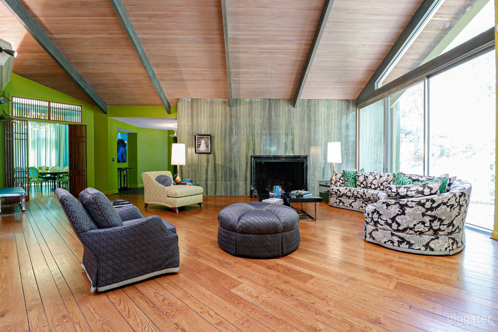 Huge space with cypress ceilings, glass walls, granite and quartz wall, quatrefoil skylights