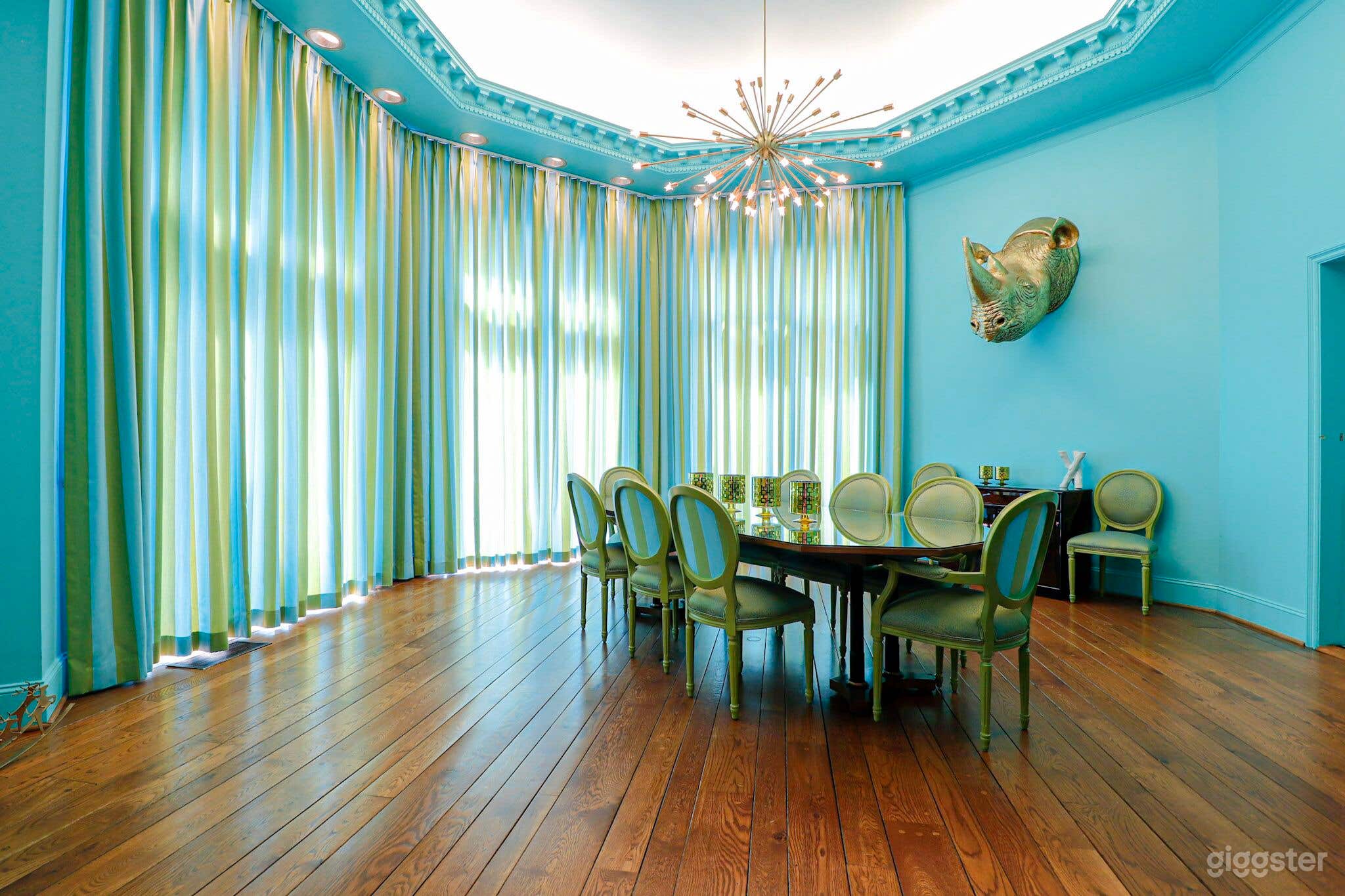 Tiffany blue octagonal room with bespoke starburst chandelier, concave backlit ceiling, hand pegged floor