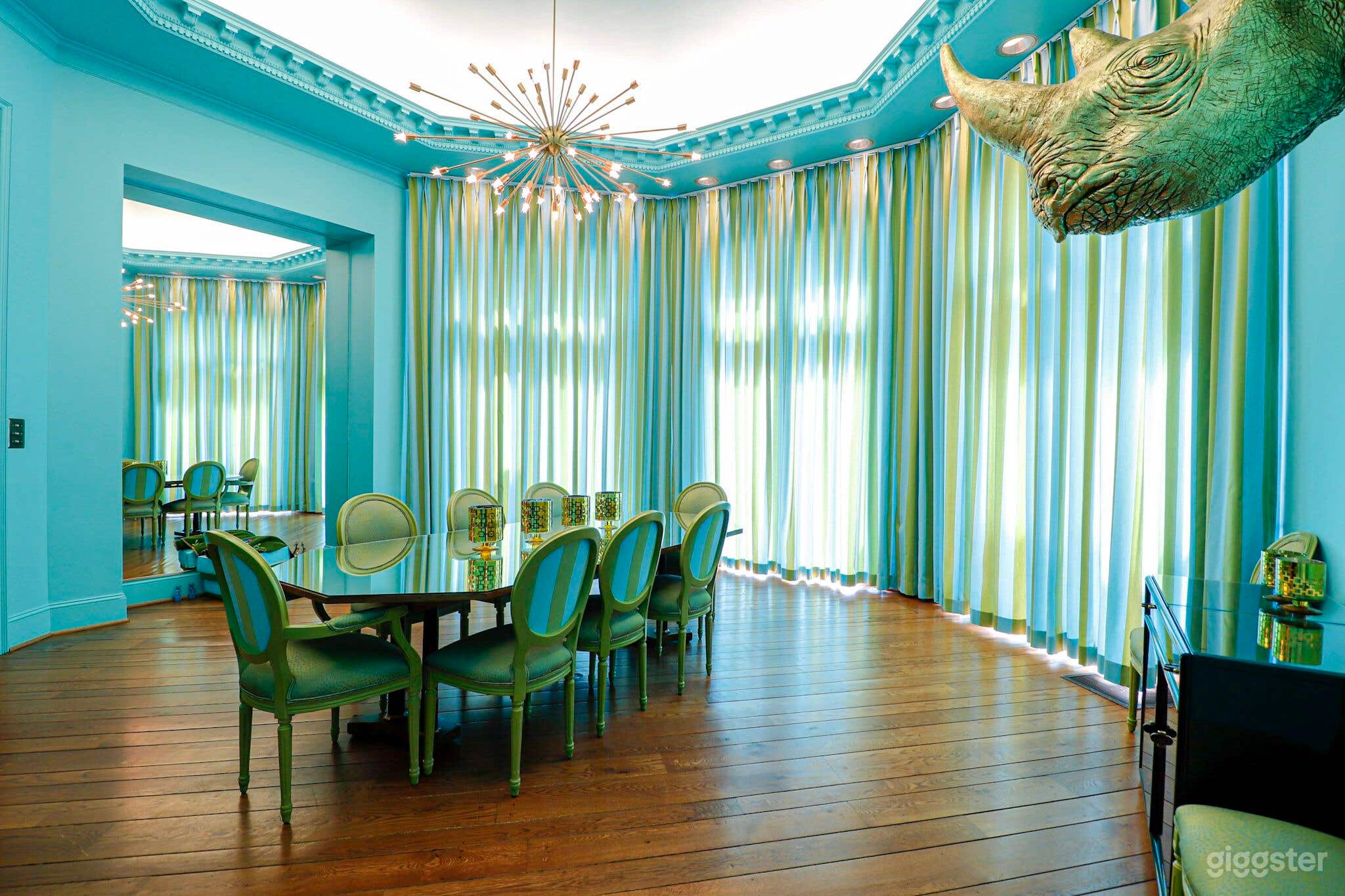 Tiffany blue octagonal room with bespoke starburst chandelier, concave backlit ceiling, hand pegged floor