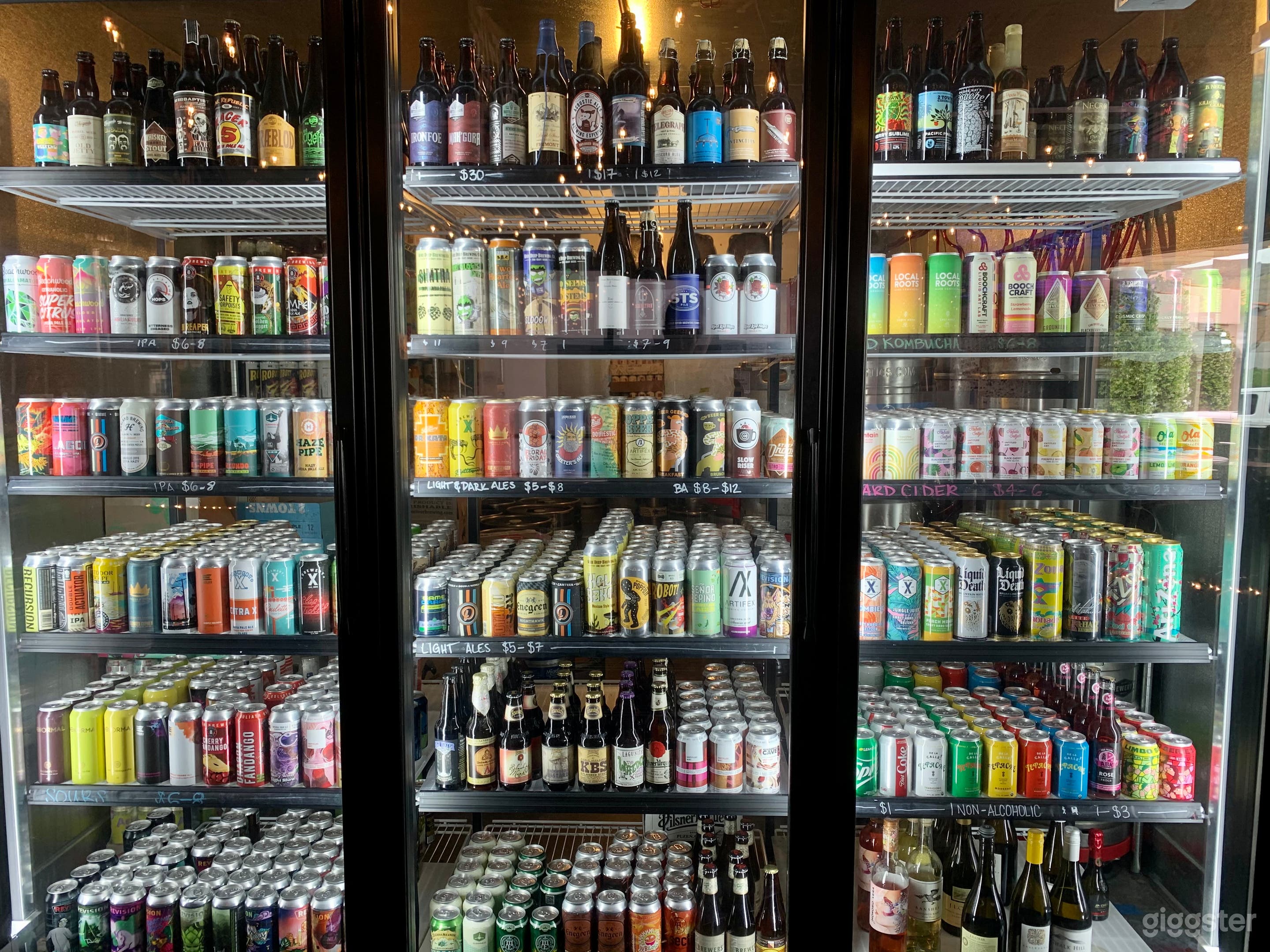 Bottle Shop with over 60 breweries represented including Russian River Pliny and Blind Pig.