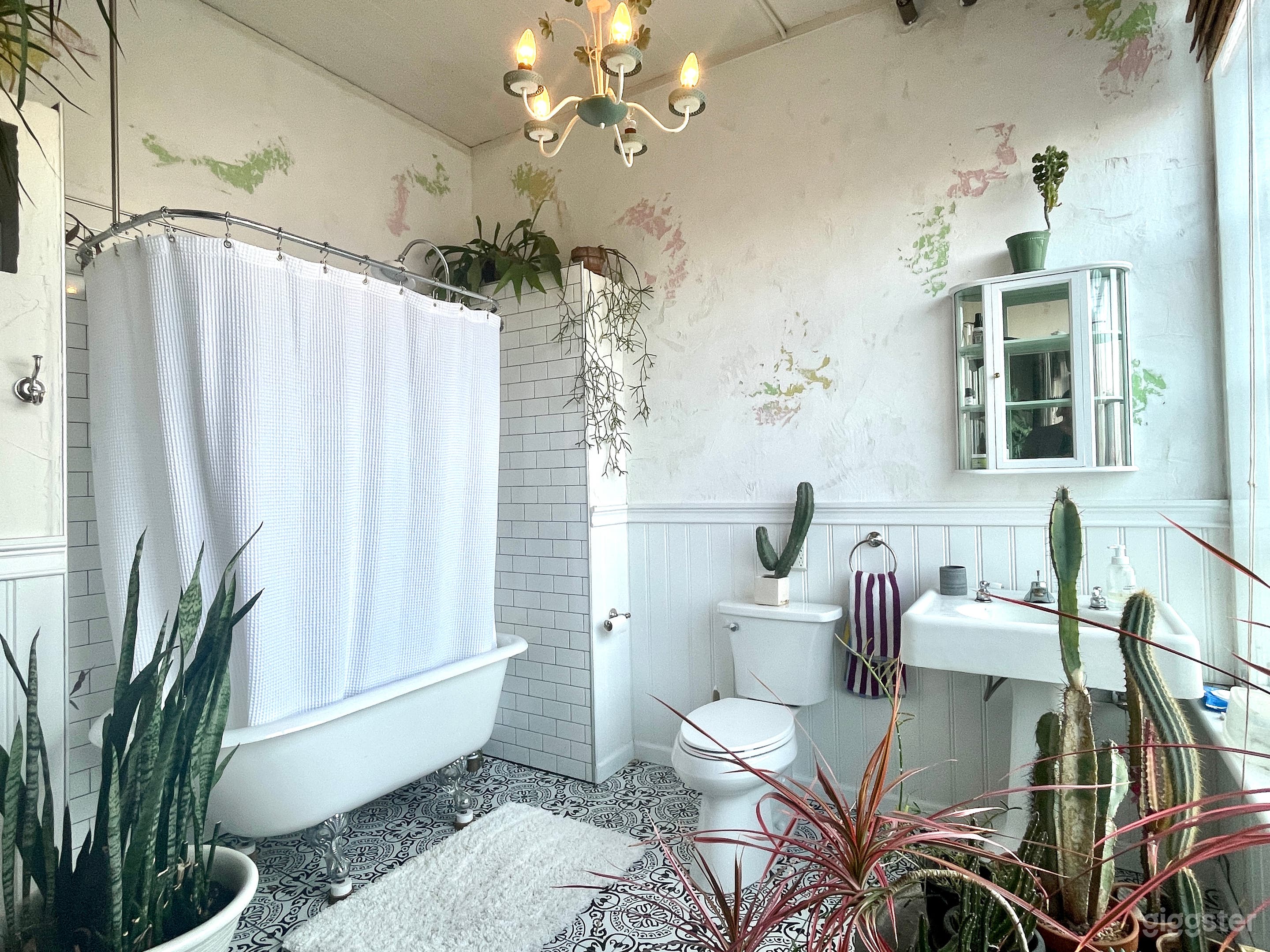 Clawfoot tub, Antique porcelain sink, Vintage mirrored vanity
Custom plastered wall treatment
