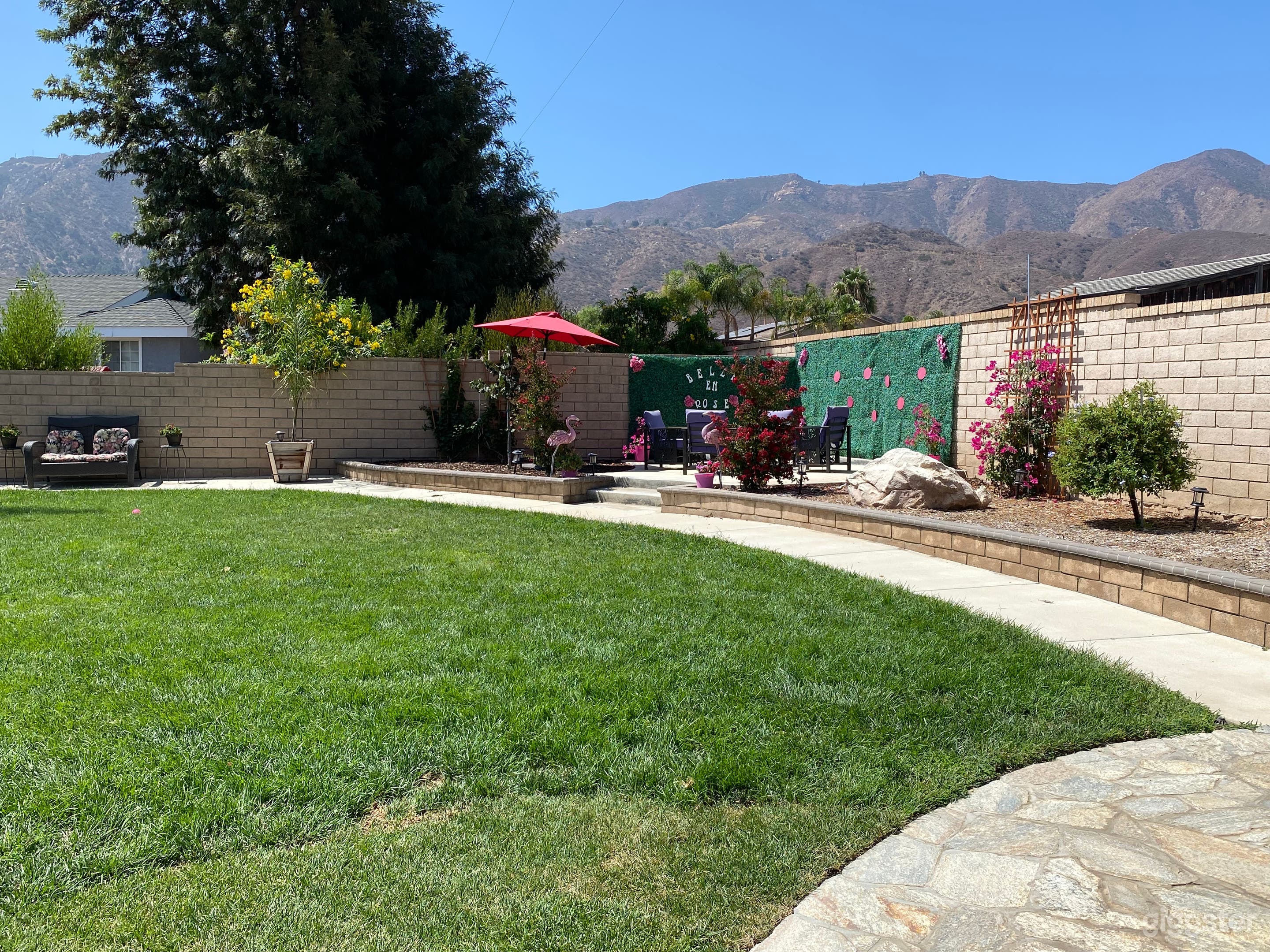 Side yard with seating and fire pit 