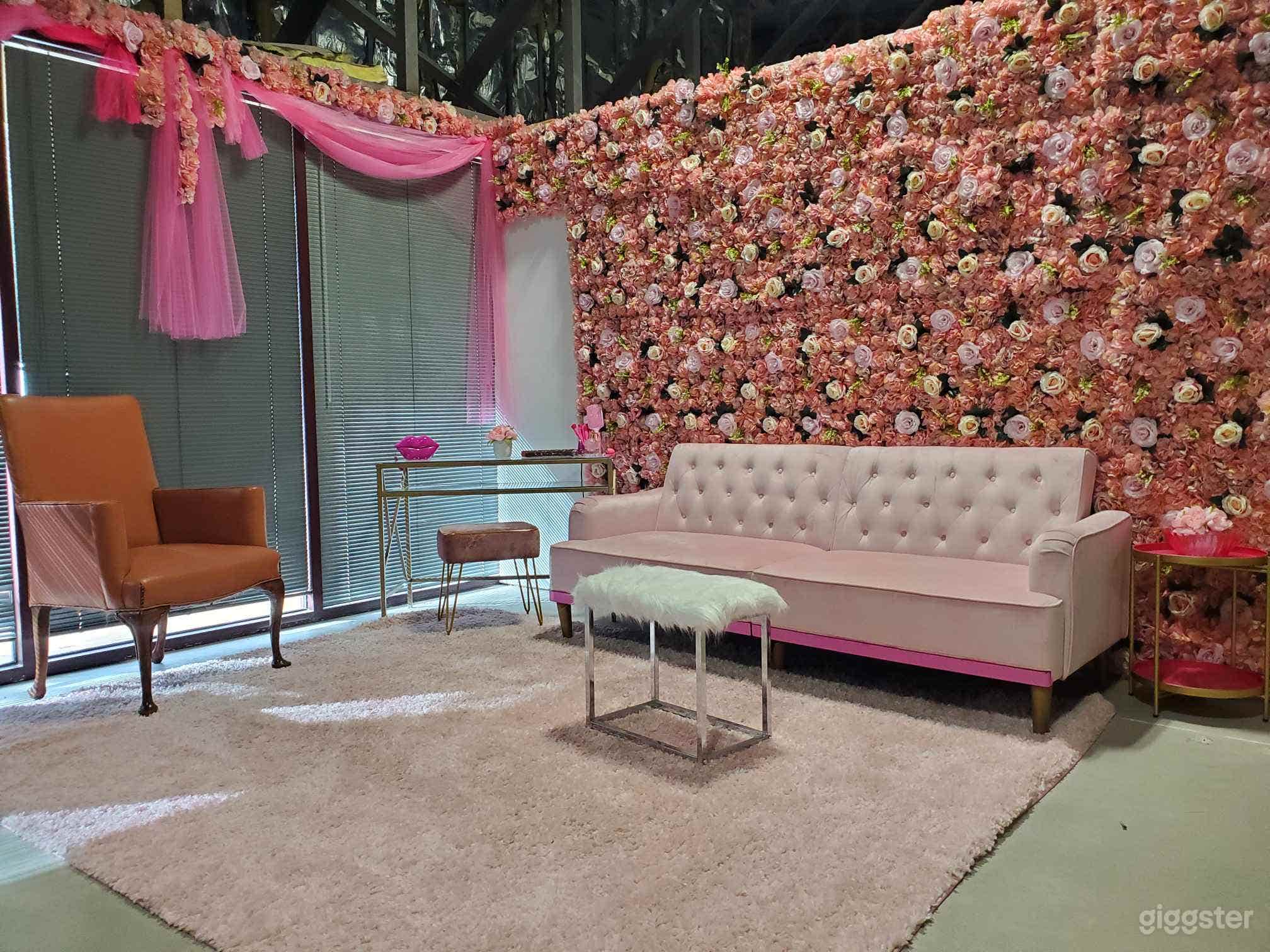 Pink Set that has been used for talk shows, podcast, interviews.