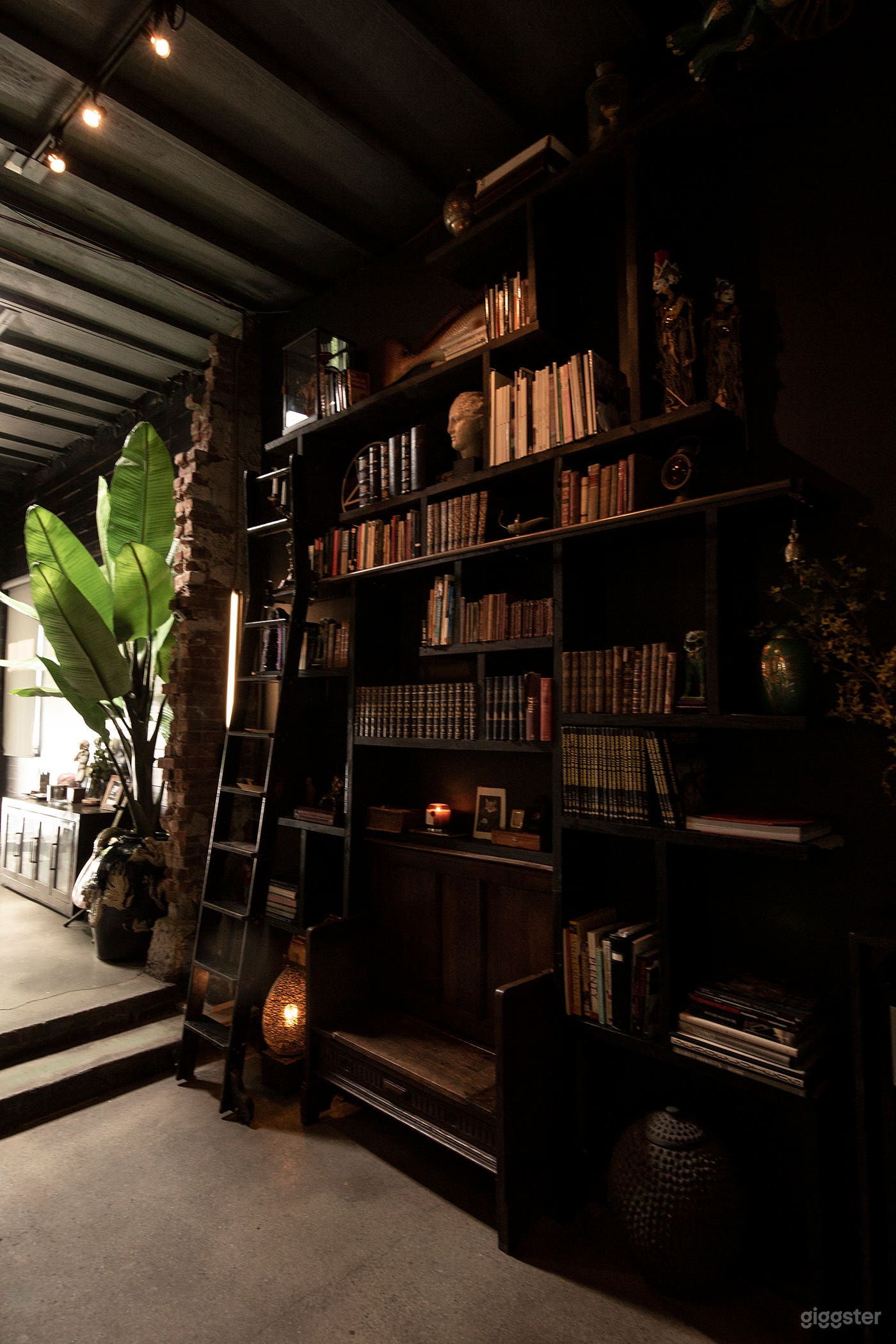 Library with antique books, objets d’art, church bench and  library ladder. 14ft ceilings. Opposite of large marble fountain and live plants.