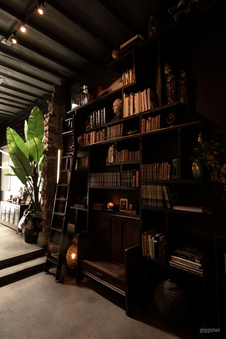  Library with antique books, objets d’art, church bench and  library ladder. 14ft ceilings. Opposite of large marble fountain and live plants. 