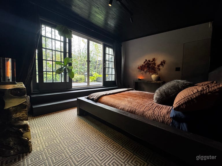  Upstairs loft bedroom.  Queen bed, dark wood ceiling, 12ft wide sliding doors (East exposure) 
 